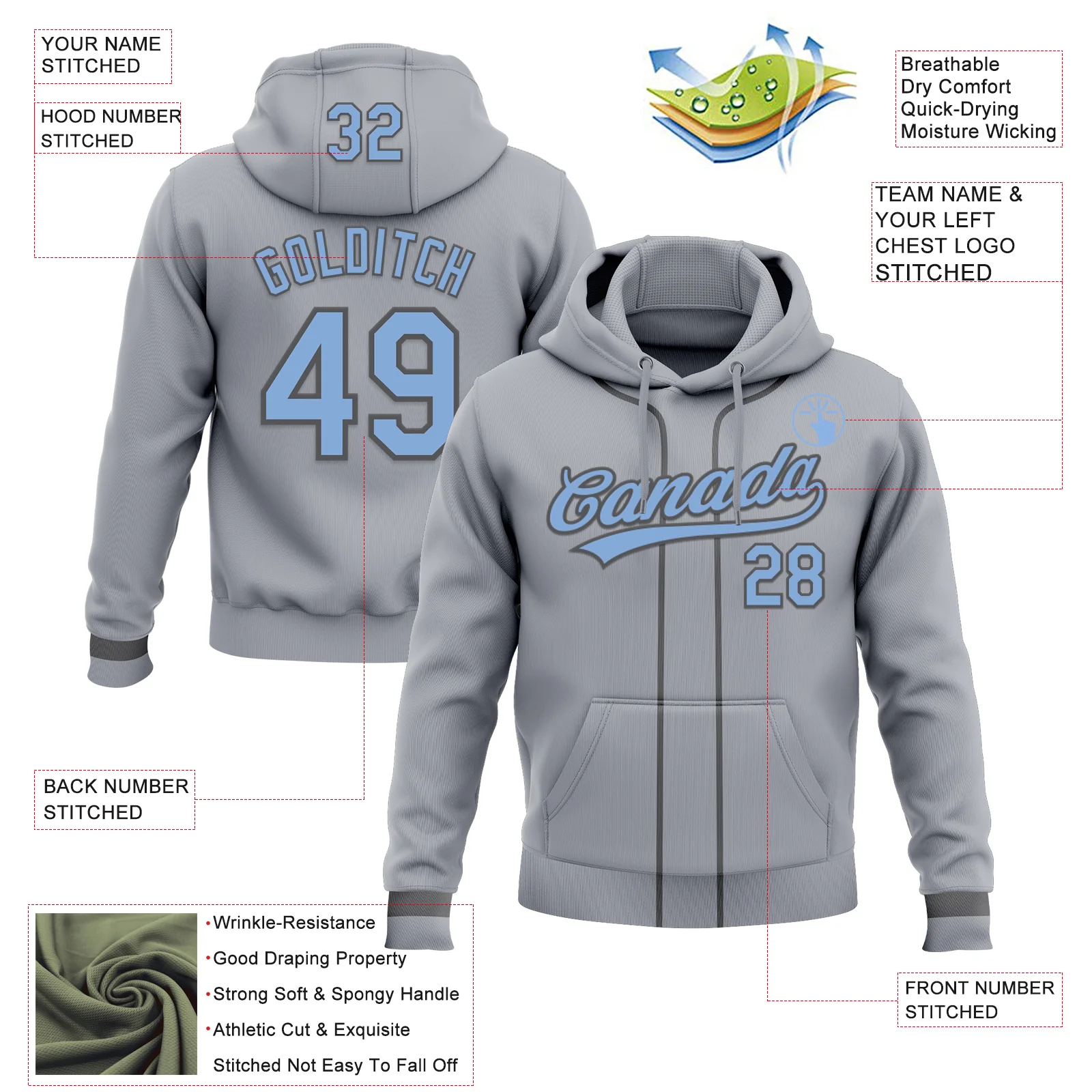 Custom Stitched Gray Light Blue-Steel Gray Baseball Pullover Sweatshirt Hoodie - Image 2