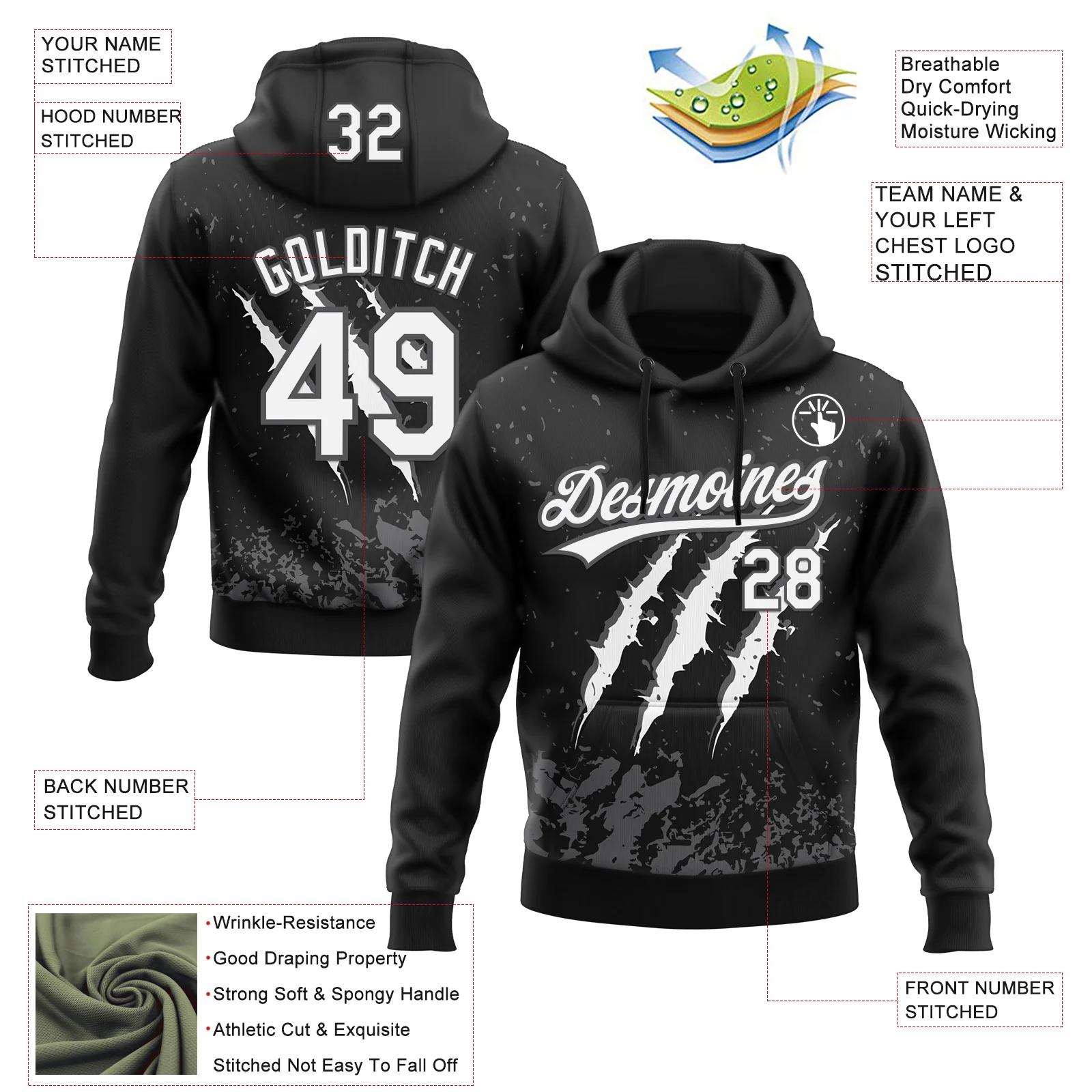 Custom Stitched Black White-Steel Gray 3D Pattern Design Leopardo Scratch Sports Pullover Sweatshirt Hoodie - Image 2