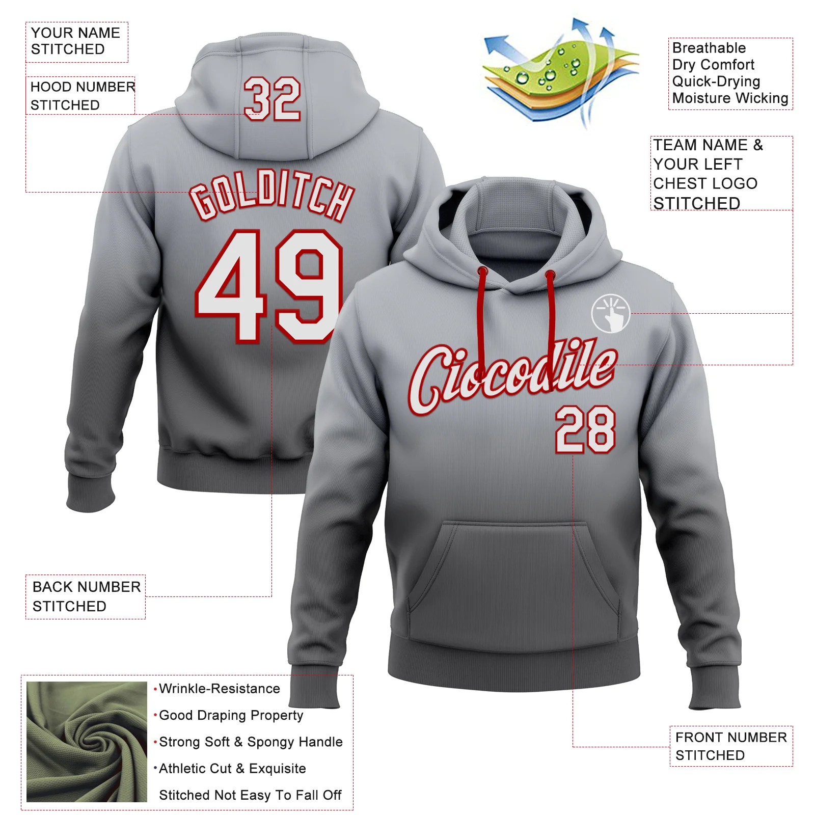 Custom Stitched Gray White Steel Gray-Red Fade Fashion Sports Pullover Sweatshirt Hoodie - Image 2