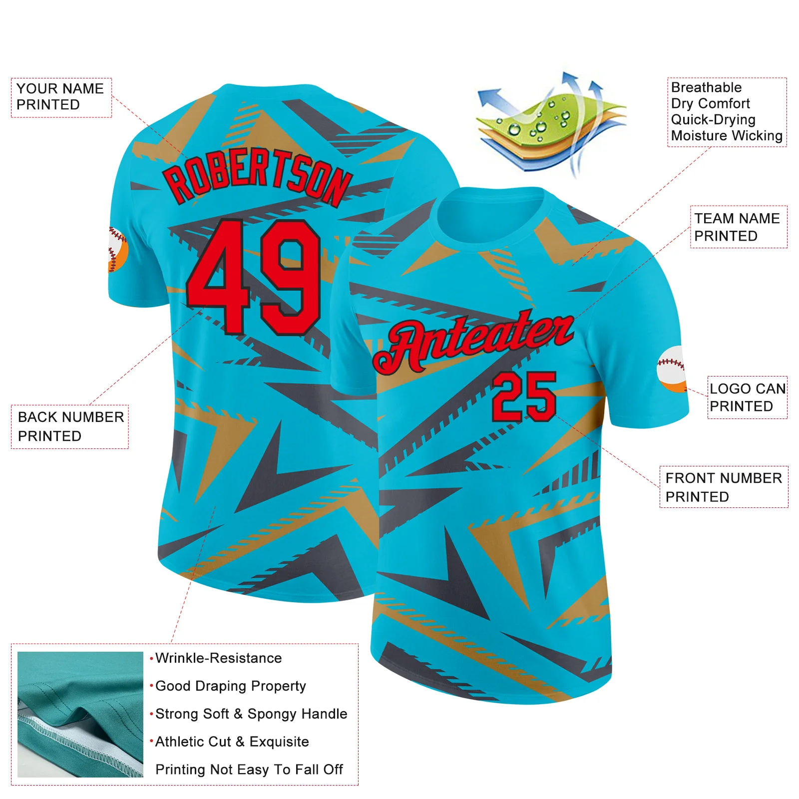 Custom Lakes Blue Fire Red Steel Gray Old Gold-Black 3D Esports Performance T-Shirt - Image 2