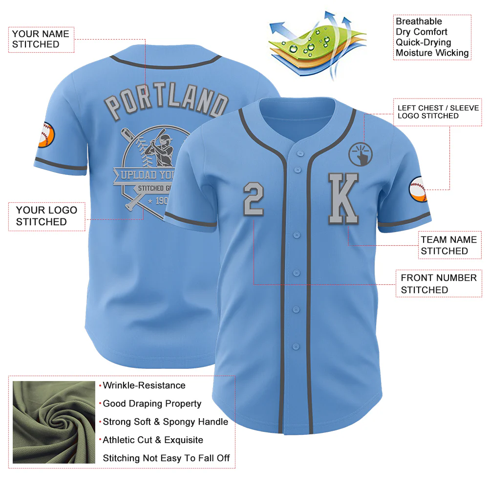 Custom Light Blue Gray-Steel Gray Authentic Baseball Jersey - Image 6