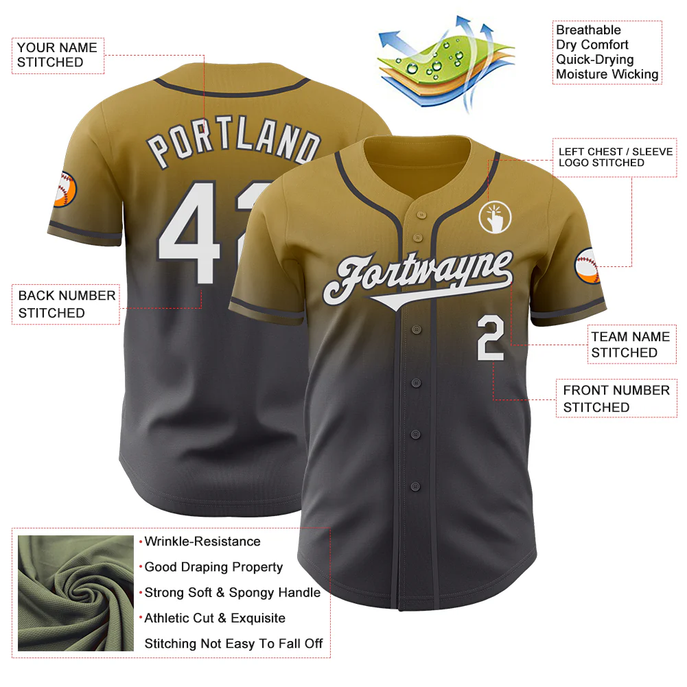 Custom Old Gold White-Steel Gray Authentic Fade Fashion Baseball Jersey - Image 3
