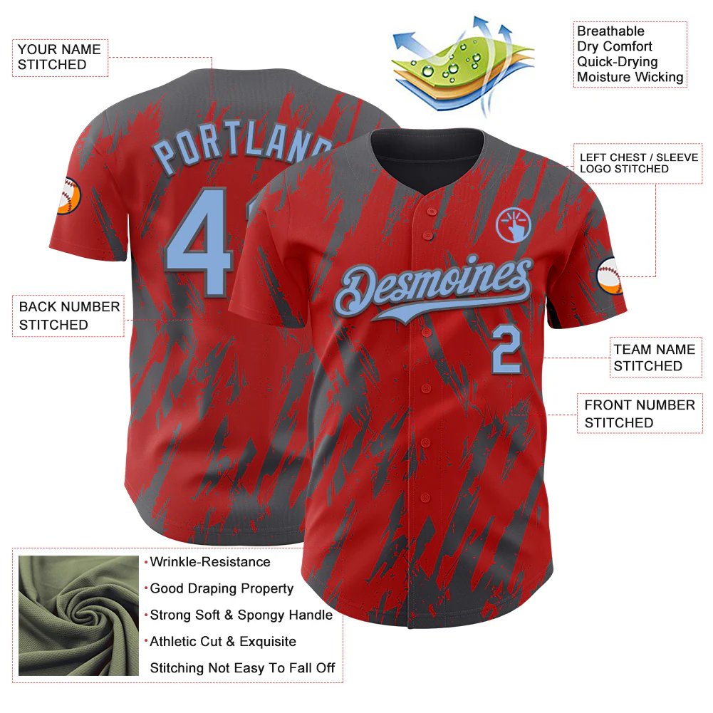 Custom Red Light Blue-Steel Gray Splatter Torn Sharp Brush Stroke Authentic Baseball Jersey - Image 3
