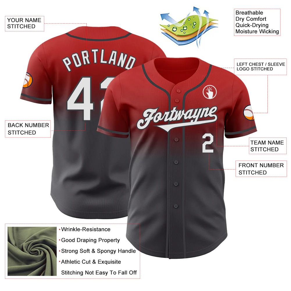 Custom Red White-Steel Gray Authentic Fade Fashion Baseball Jersey - Image 3