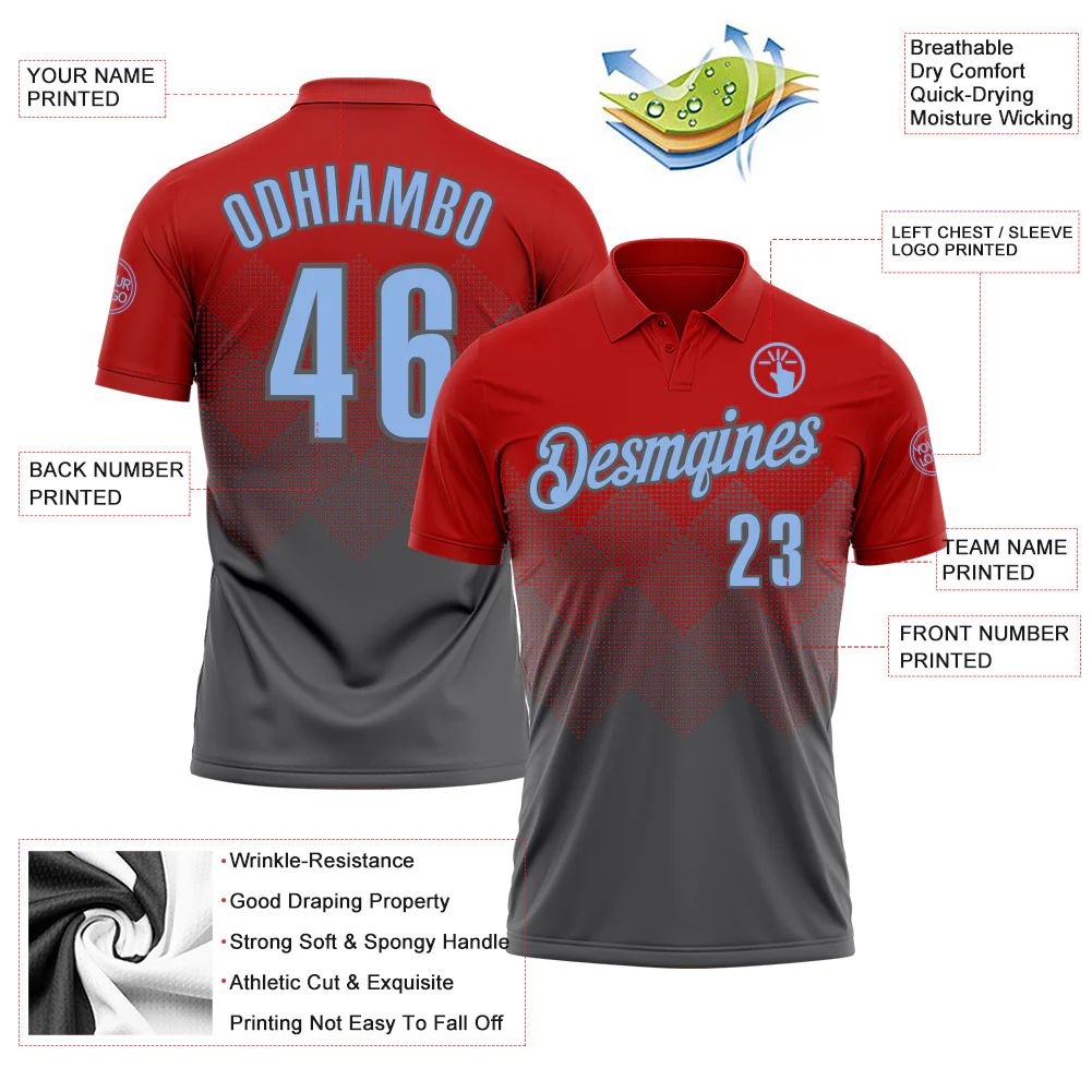 Custom Red Light Blue-Steel Gray 3D Gradient Square Shape Performance Polo Shirt - Image 3