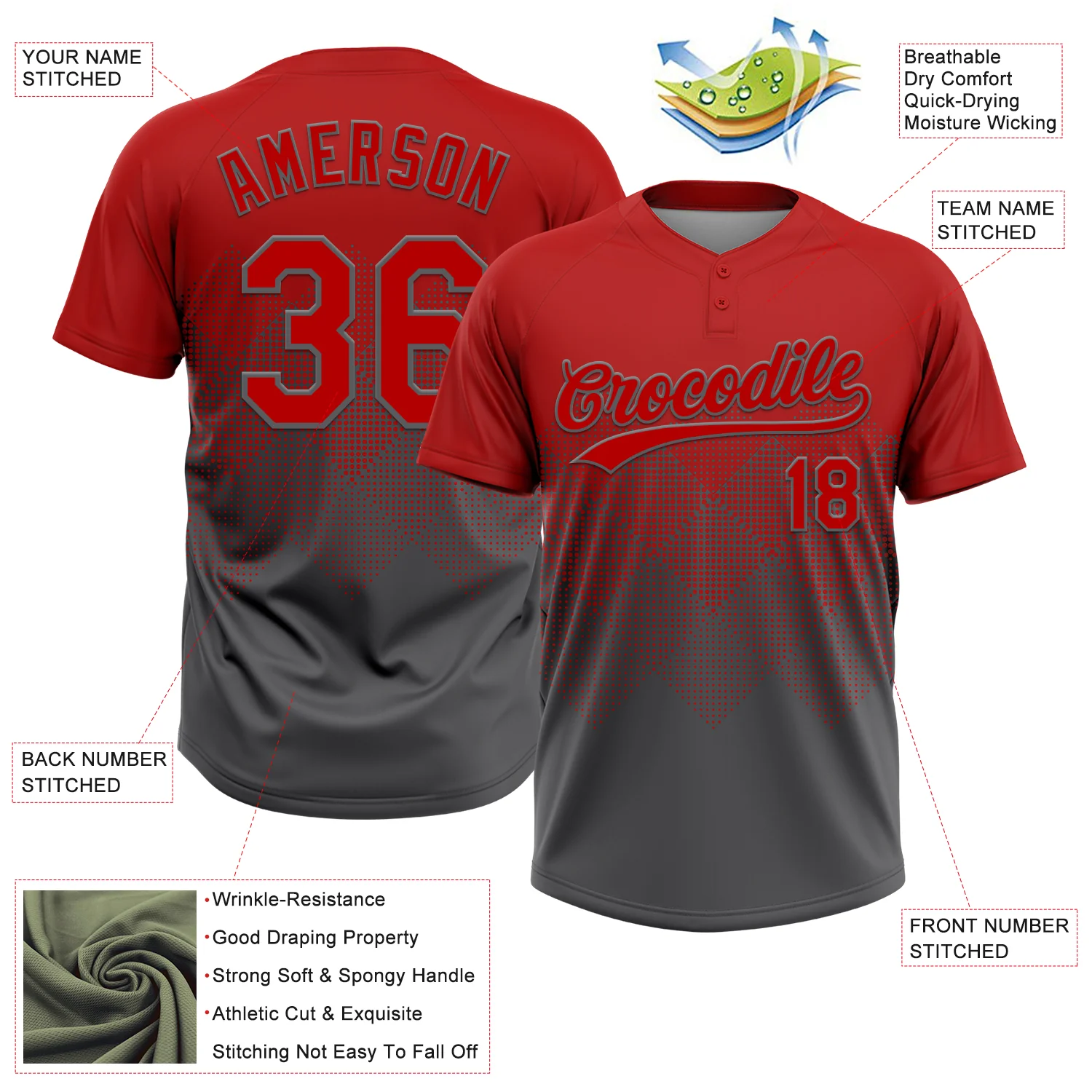 Custom Red Steel Gray 3D Gradient Square Shape Two-Button Unisex Softball Jersey - Image 3