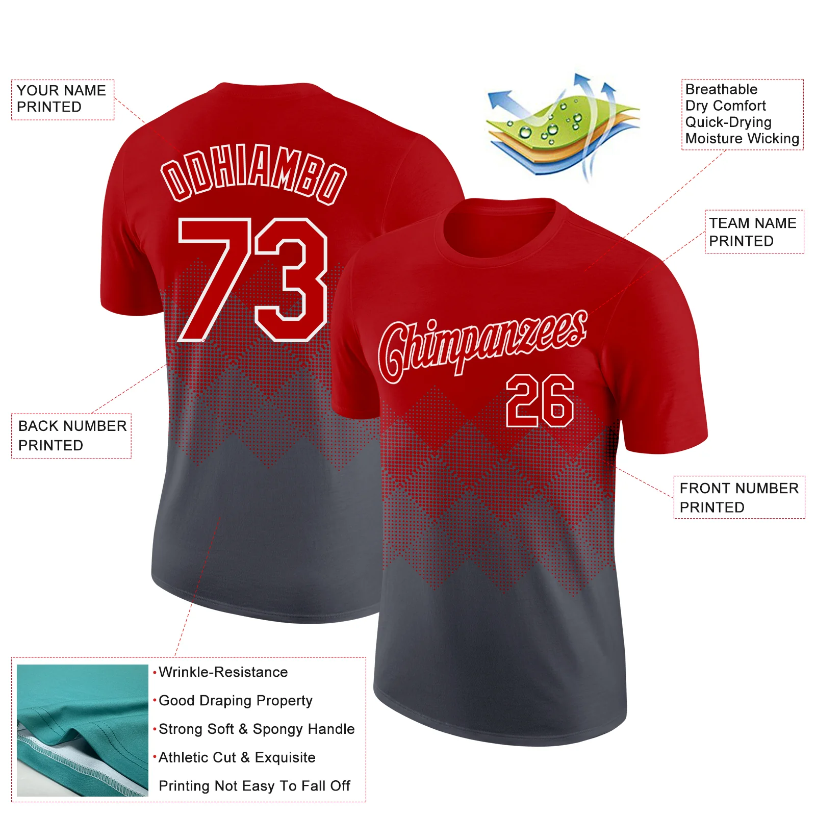 Custom Red Steel Gray-White 3D Pattern Design Gradient Square Shapes Performance T-Shirt - Image 2