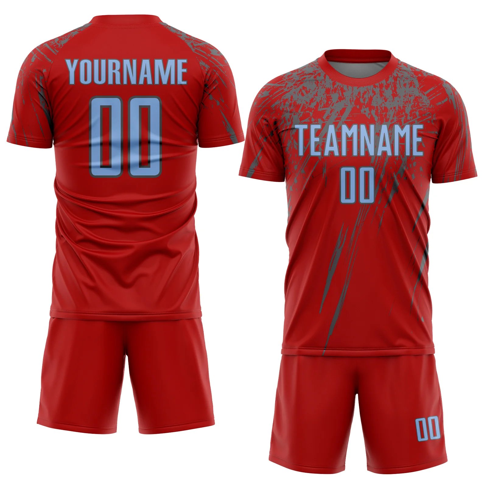 Custom Red Light Blue-Steel Gray Splash Sports Sublimation Soccer Uniform Jersey - Image 2
