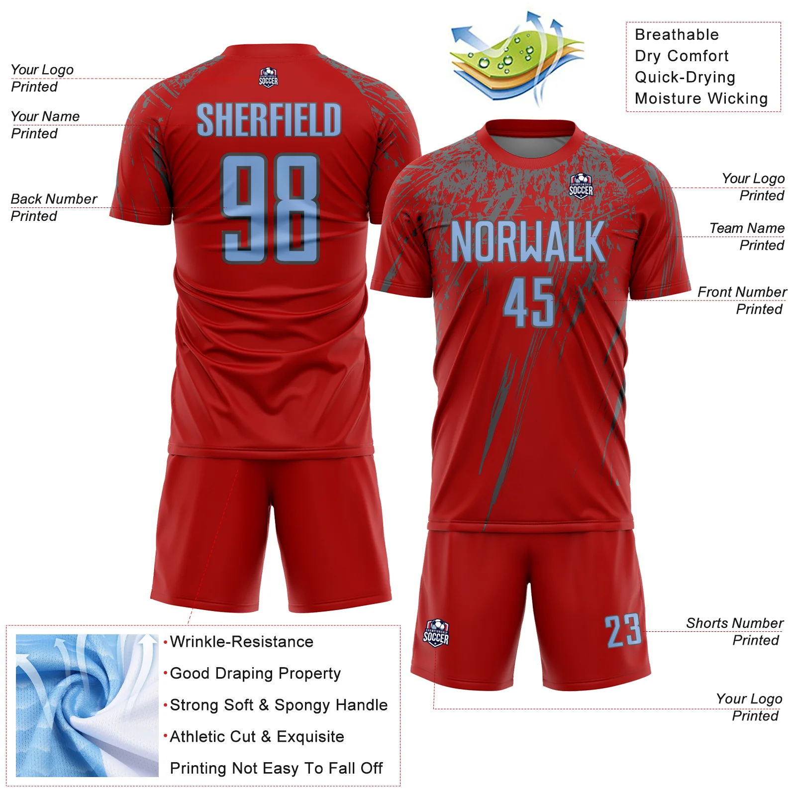 Custom Red Light Blue-Steel Gray Splash Sports Sublimation Soccer Uniform Jersey - Image 4