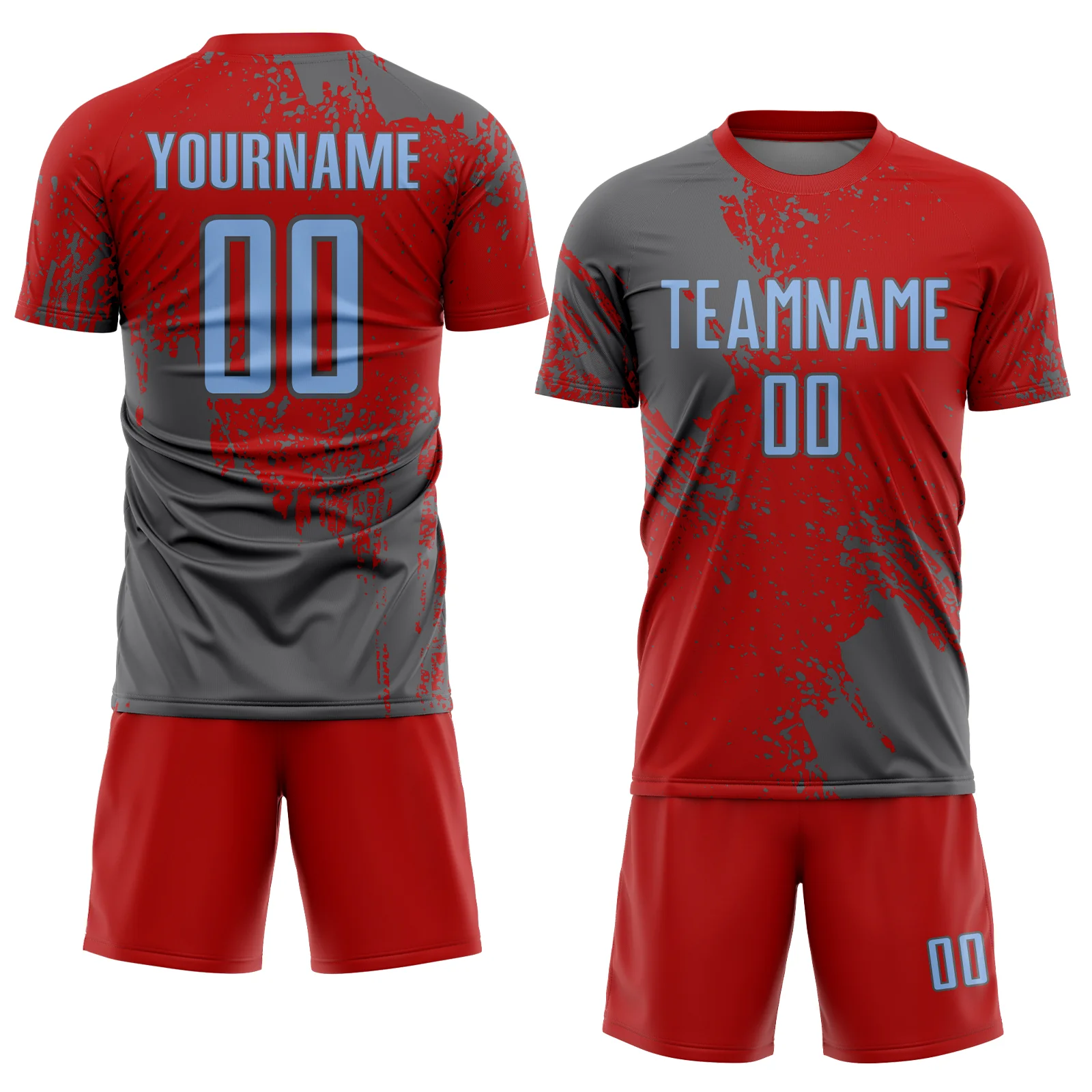 Custom Red Light Blue-Steel Gray Abstract Brush Stroke Sports Sublimation Soccer Uniform Jersey - Image 2