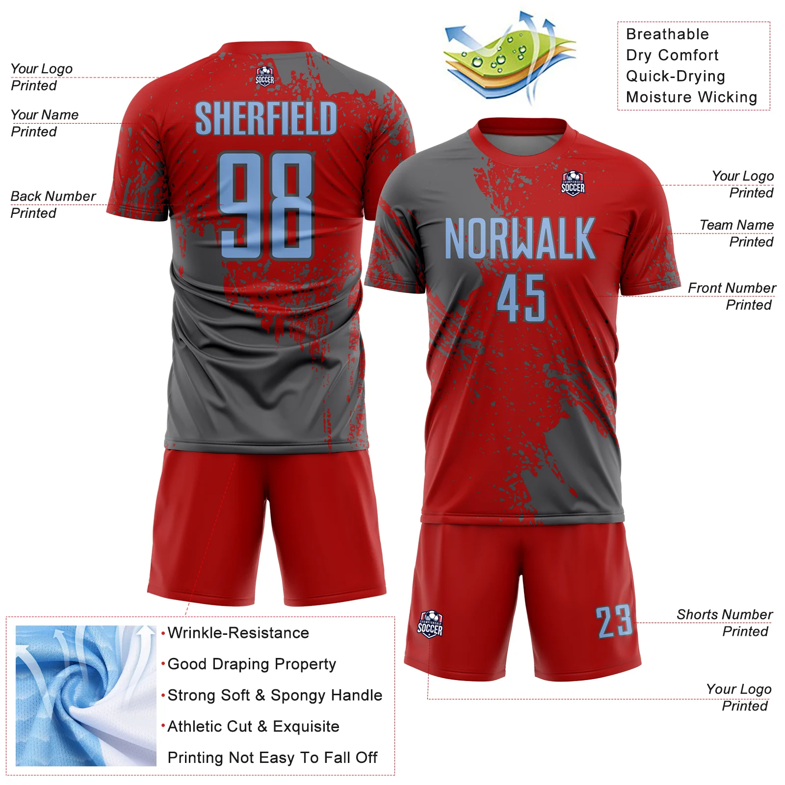 Custom Red Light Blue-Steel Gray Abstract Brush Stroke Sports Sublimation Soccer Uniform Jersey - Image 4
