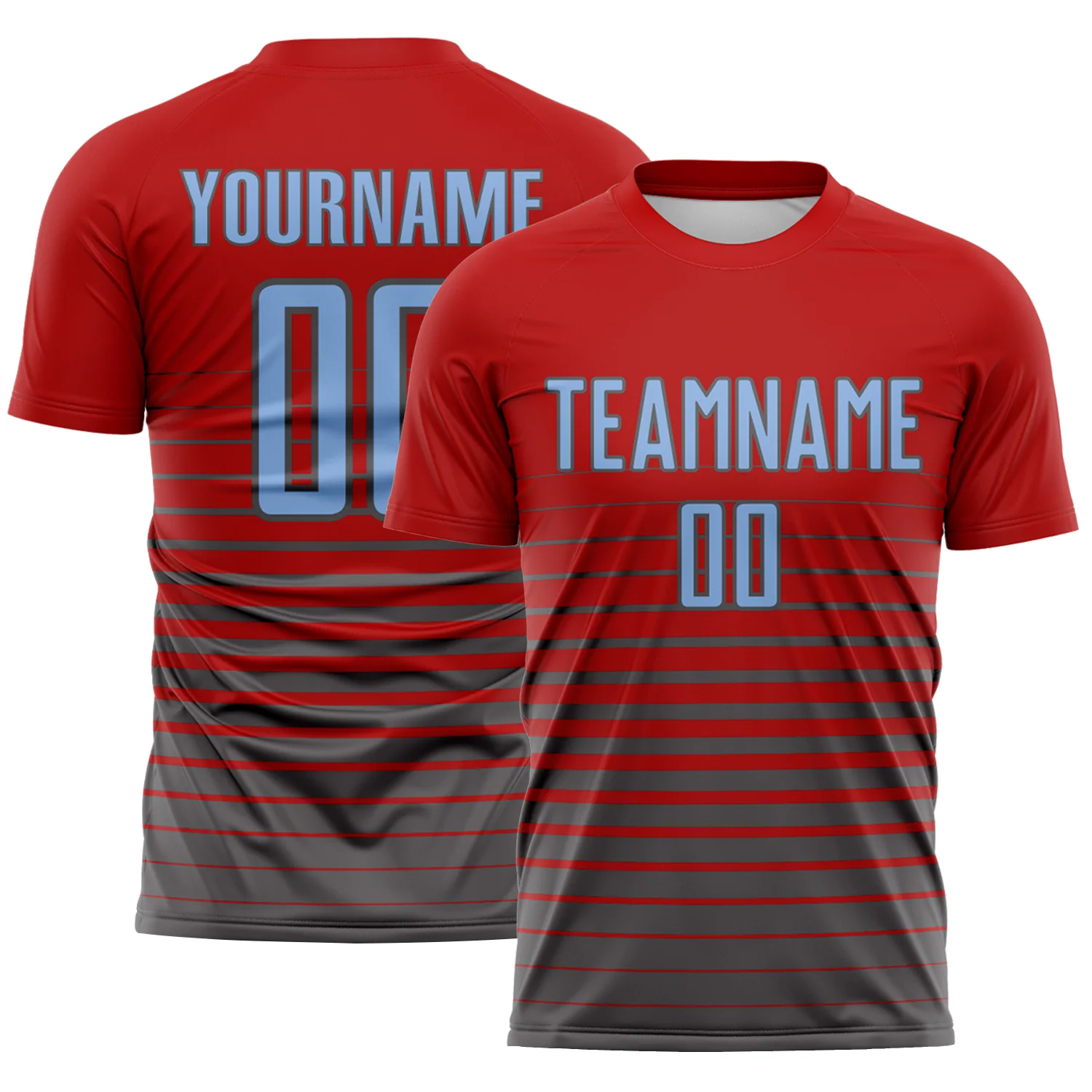 Custom Red Light Blue-Steel Gray Gradient Pinstripe Sublimation Soccer Uniform Jersey