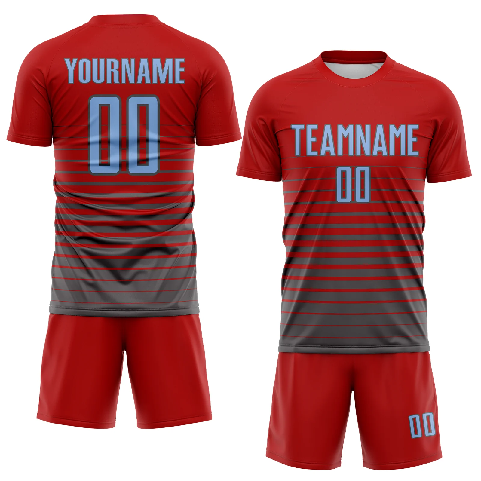 Custom Red Light Blue-Steel Gray Gradient Pinstripe Sublimation Soccer Uniform Jersey - Image 2