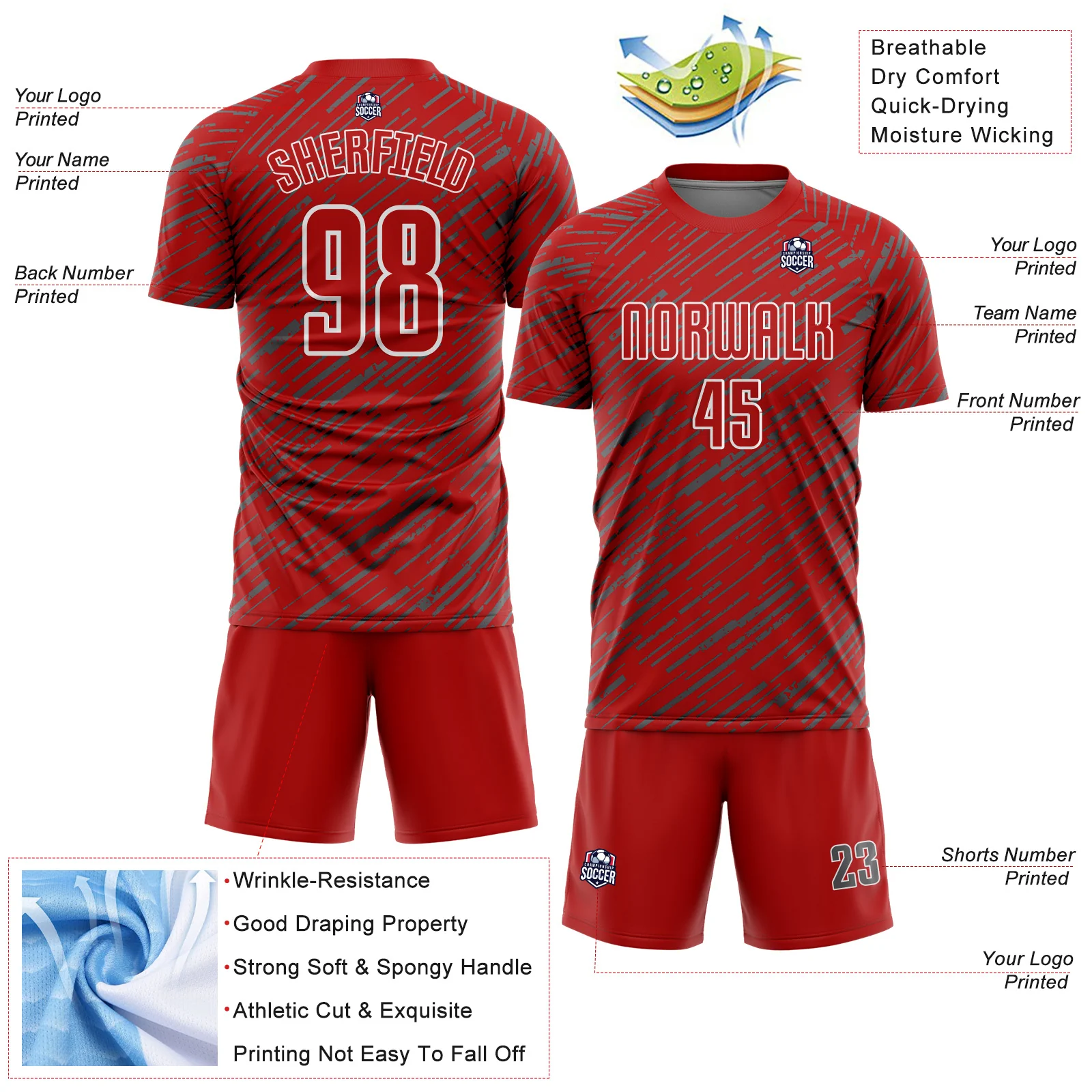 Custom Red Steel Gray-White Line Sports Sublimation Soccer Uniform Jersey - Image 4