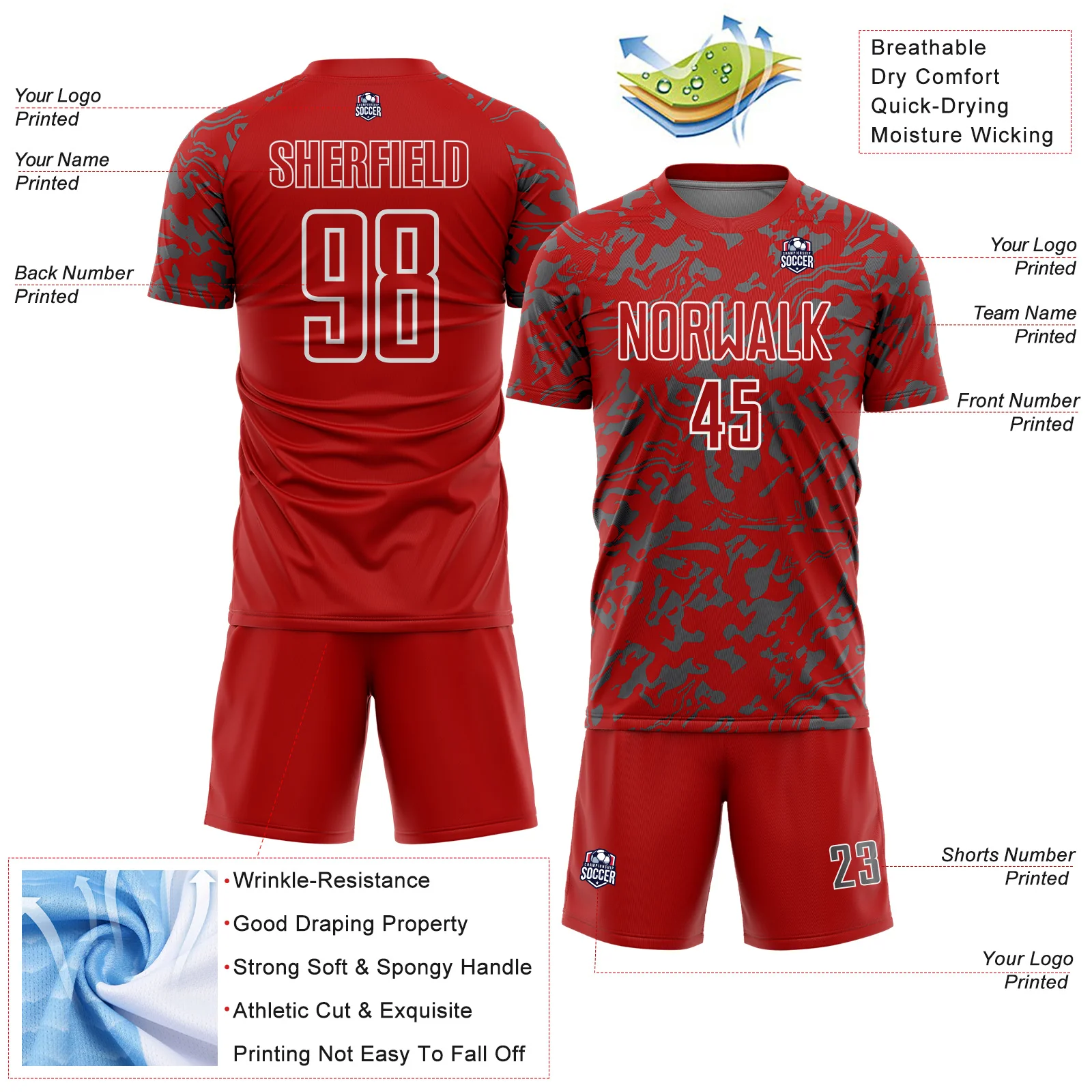 Custom Red Steel Gray-White Liquid Fluid Pattern Sports Sublimation Soccer Uniform Jersey - Image 4