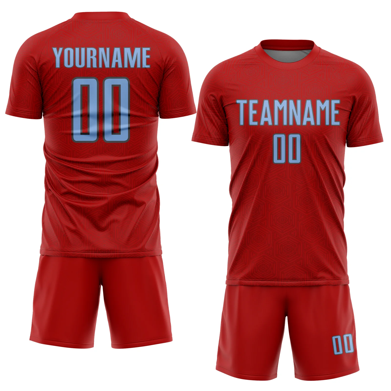 Custom Red Light Blue-Steel Gray Geometric Shape Sports Sublimation Soccer Uniform Jersey - Image 2