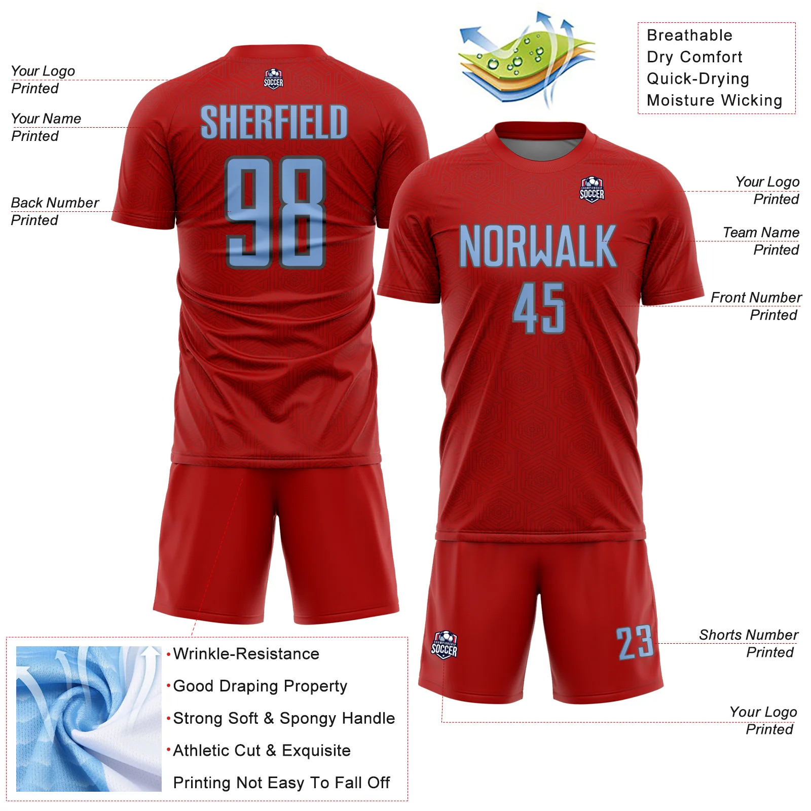 Custom Red Light Blue-Steel Gray Geometric Shape Sports Sublimation Soccer Uniform Jersey - Image 4