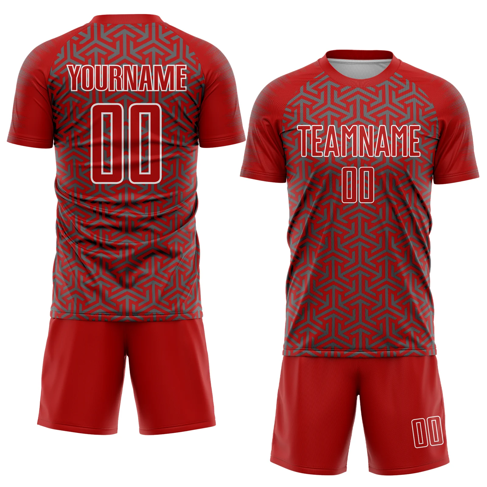 Custom Red Steel Gray-White Geometric Arrow Sublimation Soccer Uniform Jersey - Image 2