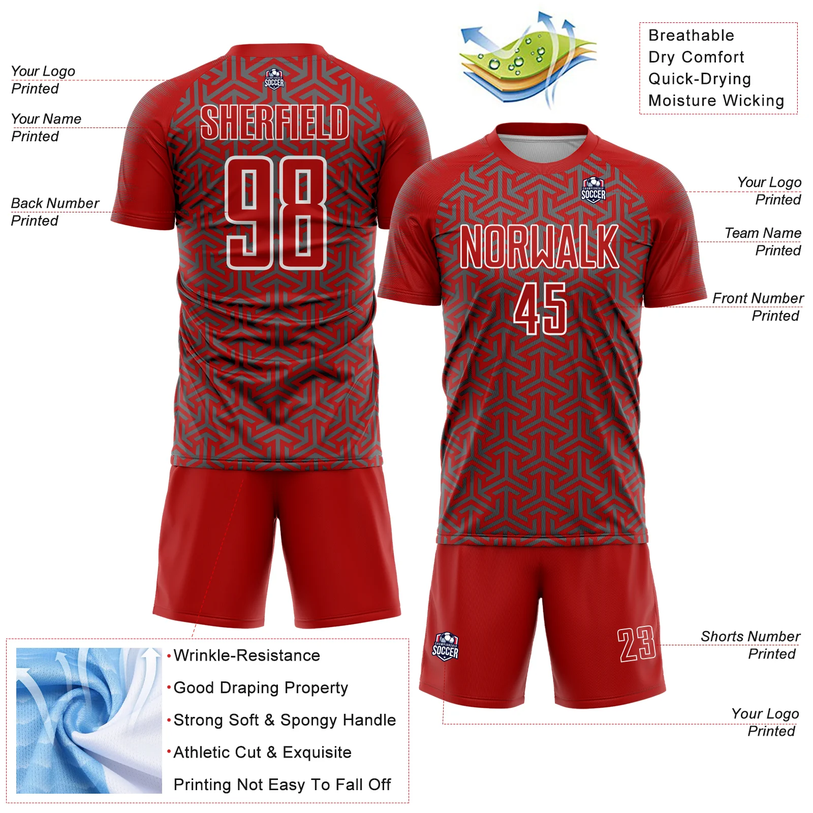 Custom Red Steel Gray-White Geometric Arrow Sublimation Soccer Uniform Jersey - Image 4