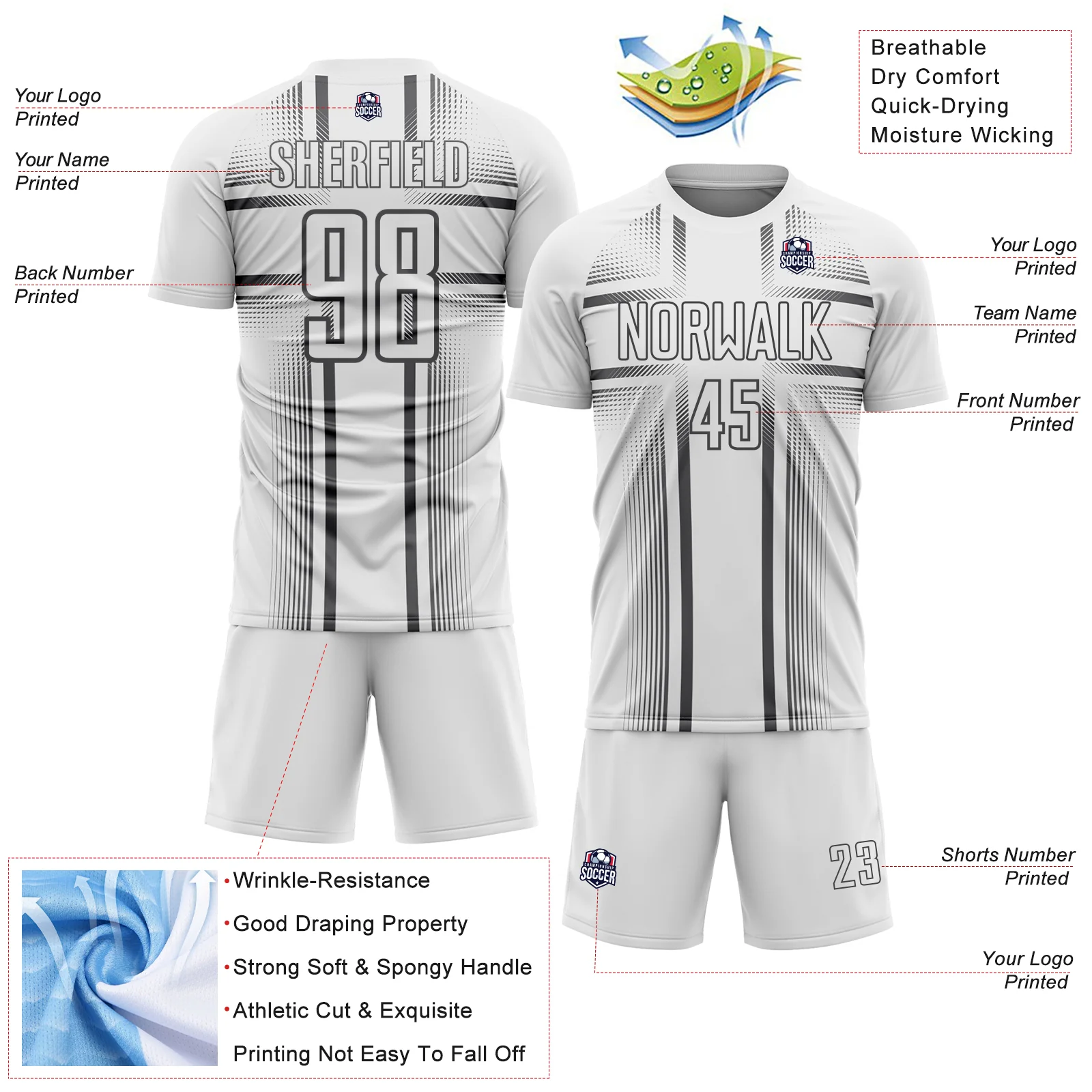 Custom White Steel Gray Lines Sublimation Soccer Uniform Jersey - Image 4