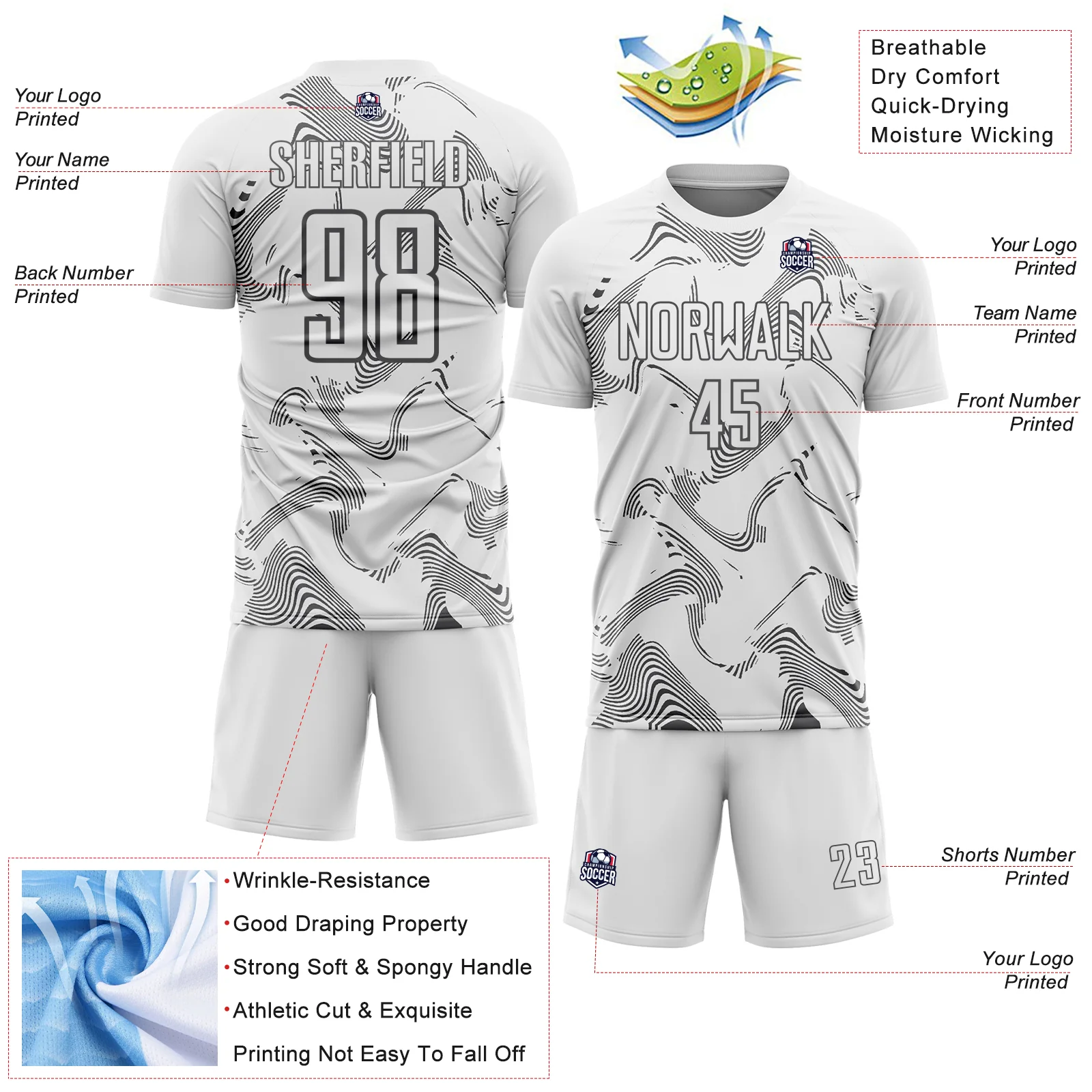 Custom White Steel Gray Curve Lines Sports Sublimation Soccer Uniform Jersey - Image 4