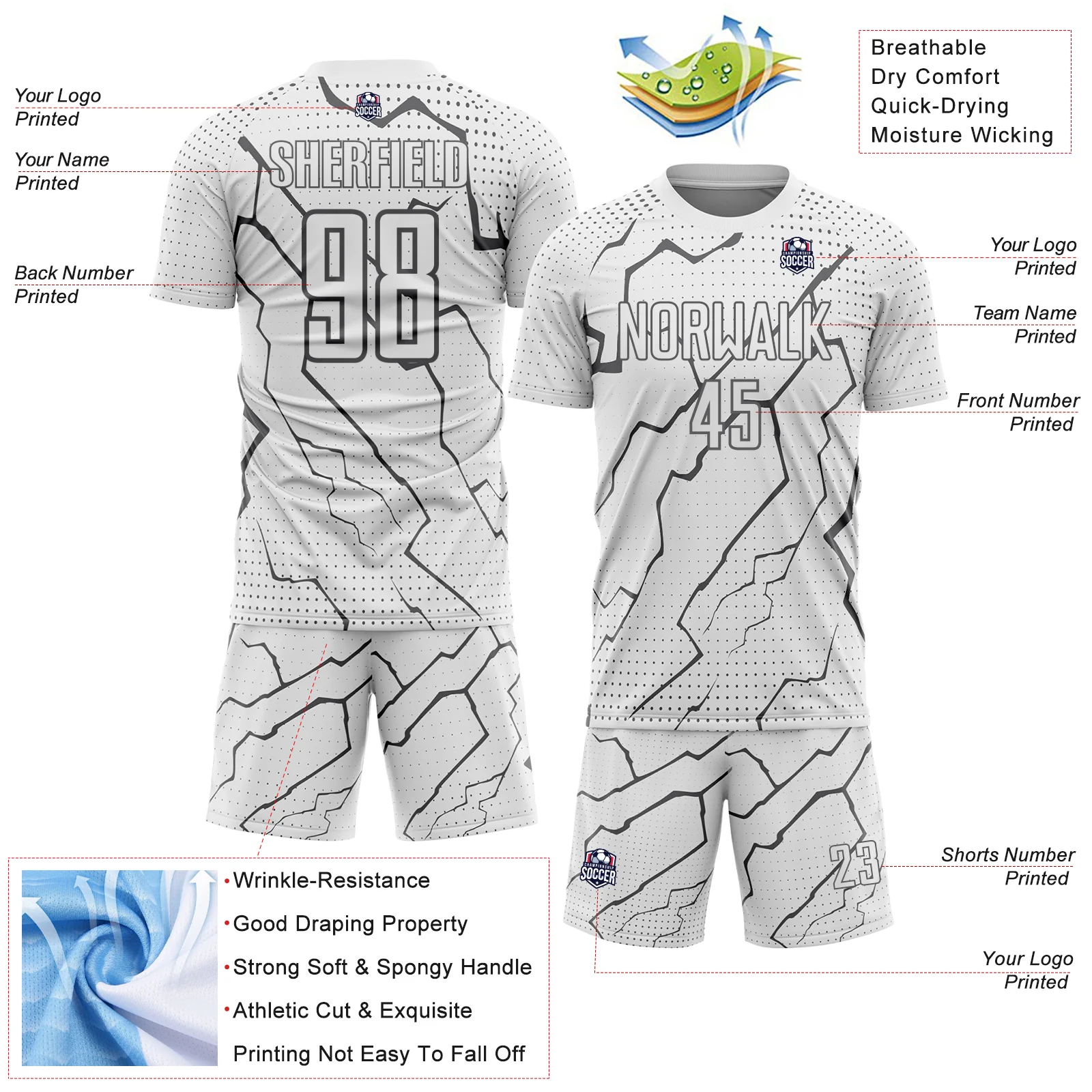 Custom White Steel Gray Lightning Sports Sublimation Soccer Uniform Jersey - Image 4