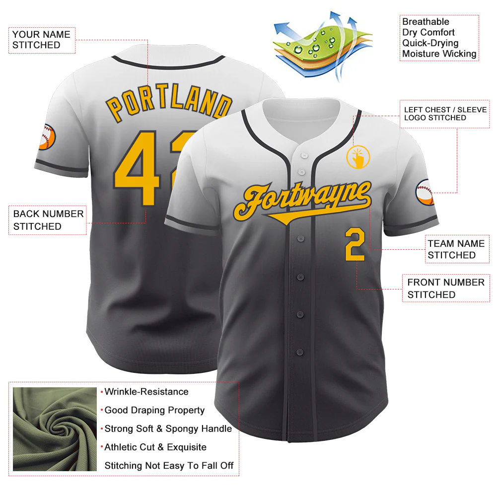 Custom White Gold-Steel Gray Authentic Fade Fashion Baseball Jersey - Image 3