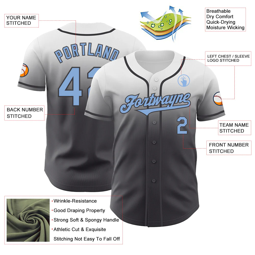 Custom White Light Blue-Steel Gray Authentic Fade Fashion Baseball Jersey - Image 3