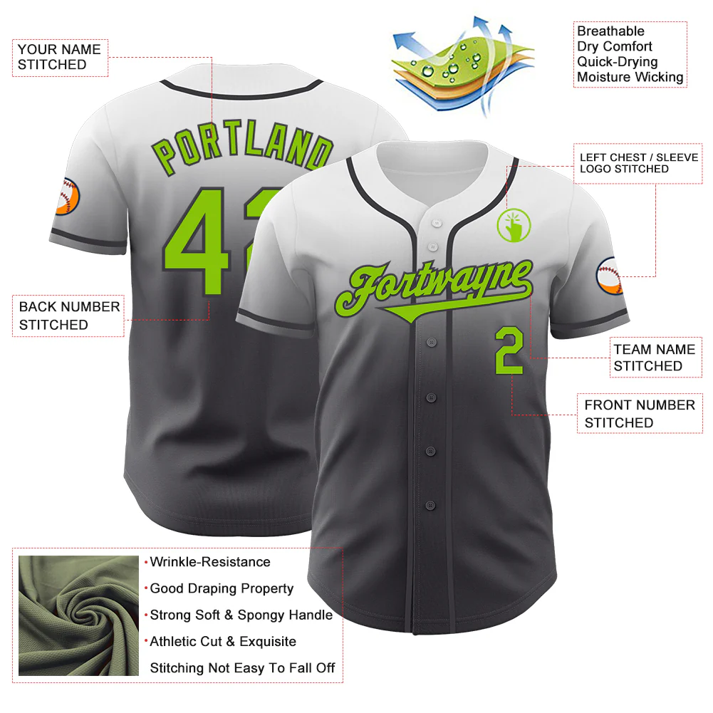 Custom White Neon Green-Steel Gray Authentic Fade Fashion Baseball Jersey - Image 3