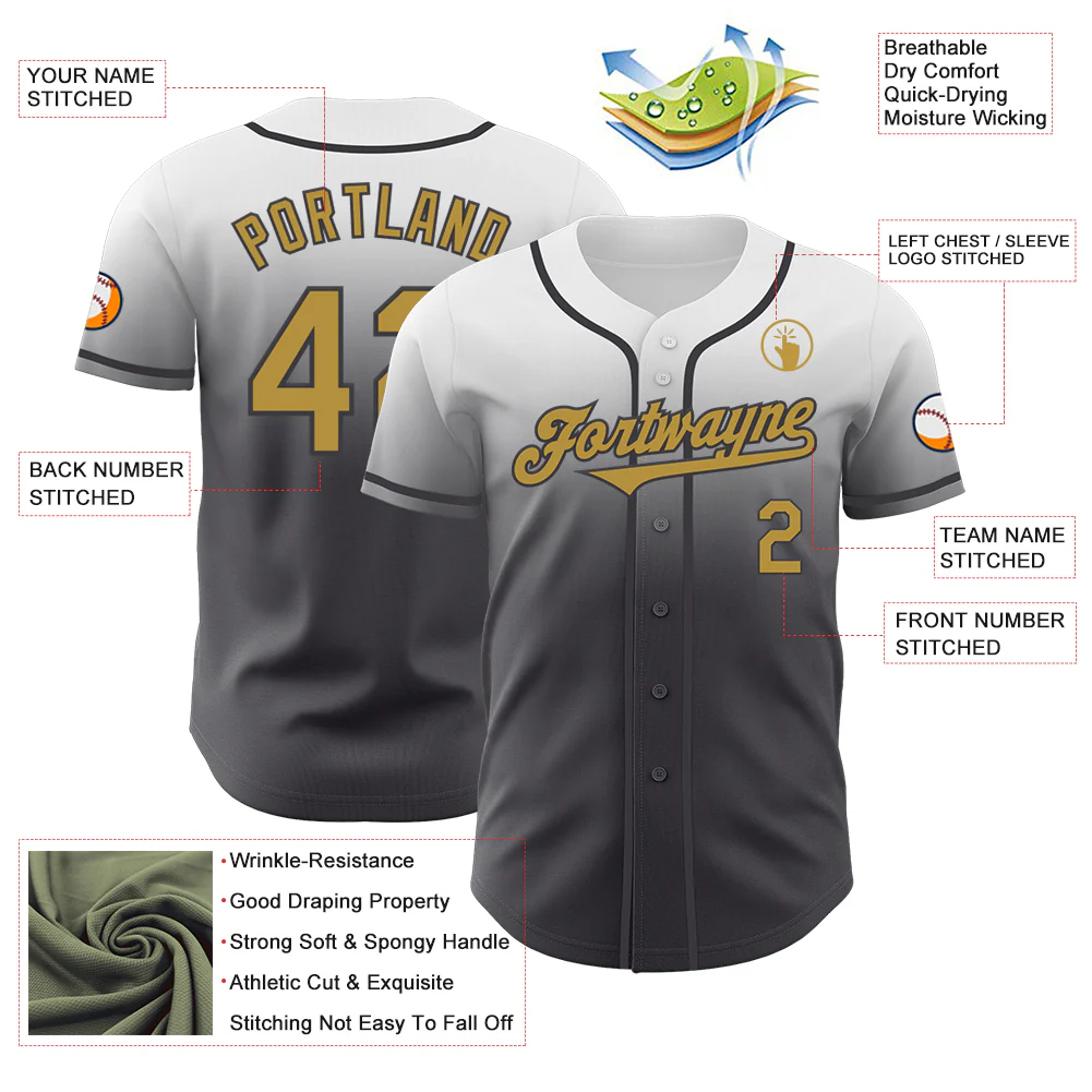 Custom White Old Gold-Steel Gray Authentic Fade Fashion Baseball Jersey - Image 3