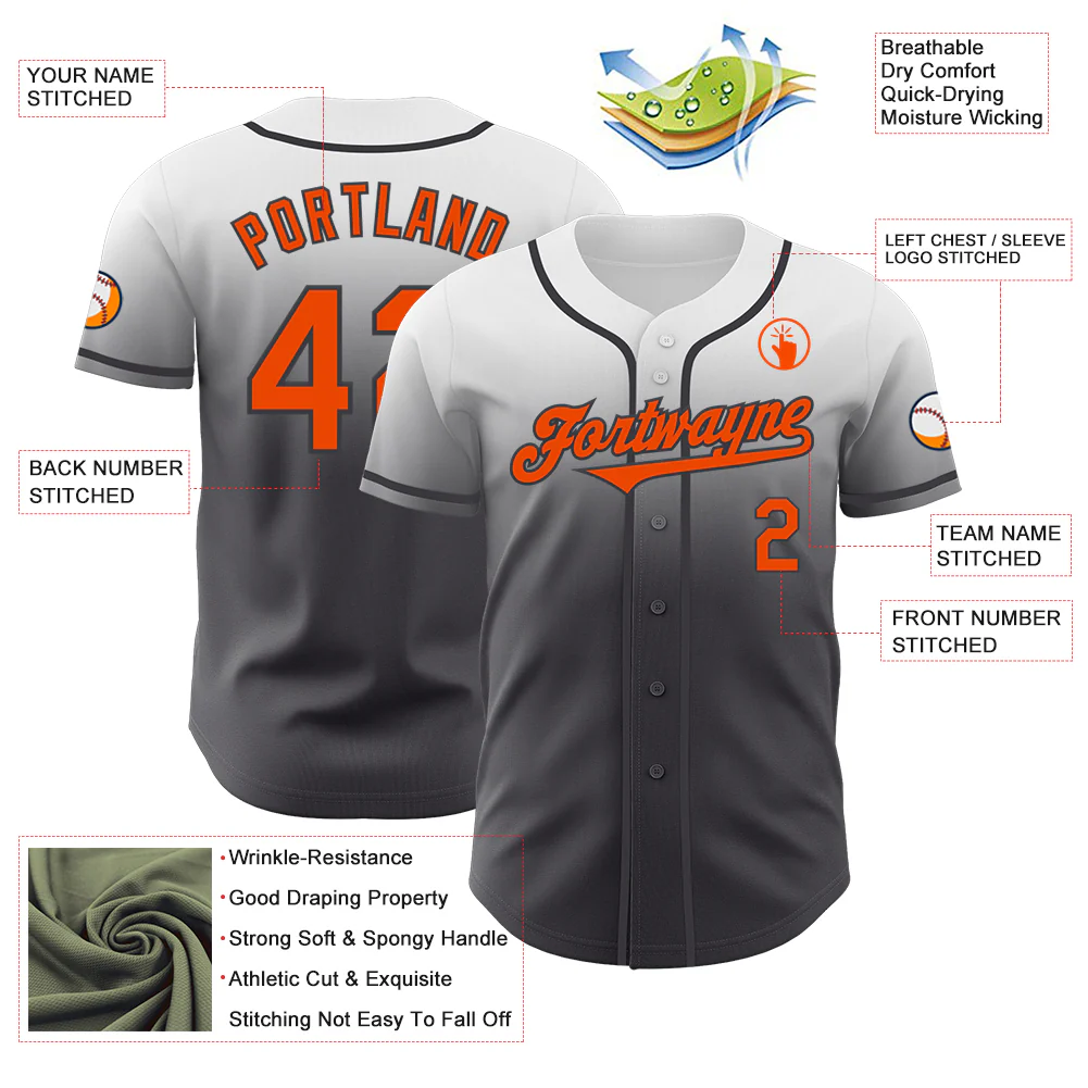Custom White Orange-Steel Gray Authentic Fade Fashion Baseball Jersey - Image 3