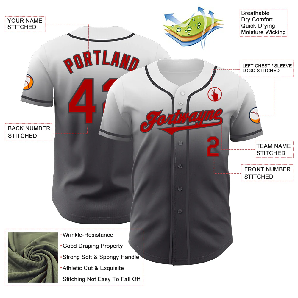 Custom White Red-Steel Gray Authentic Fade Fashion Baseball Jersey - Image 3