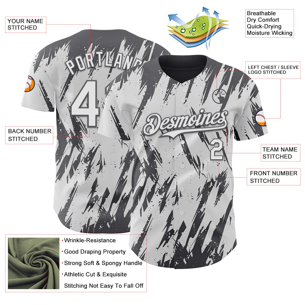 Custom White Steel Gray Splatter Torn Sharp Brush Stroke Authentic Baseball Jersey - Image 3