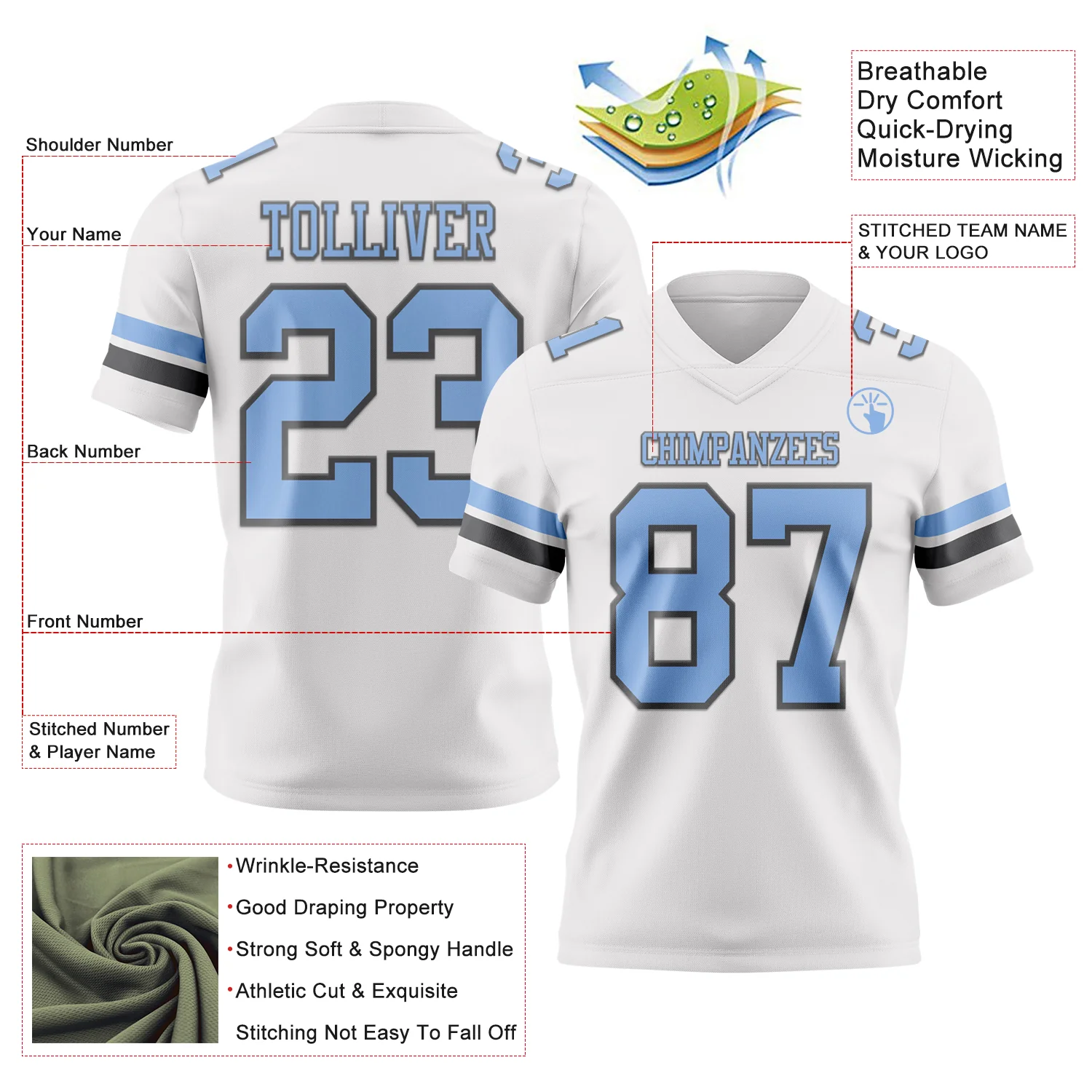 Custom White Light Blue-Steel Gray Authentic Football Jersey - Image 3