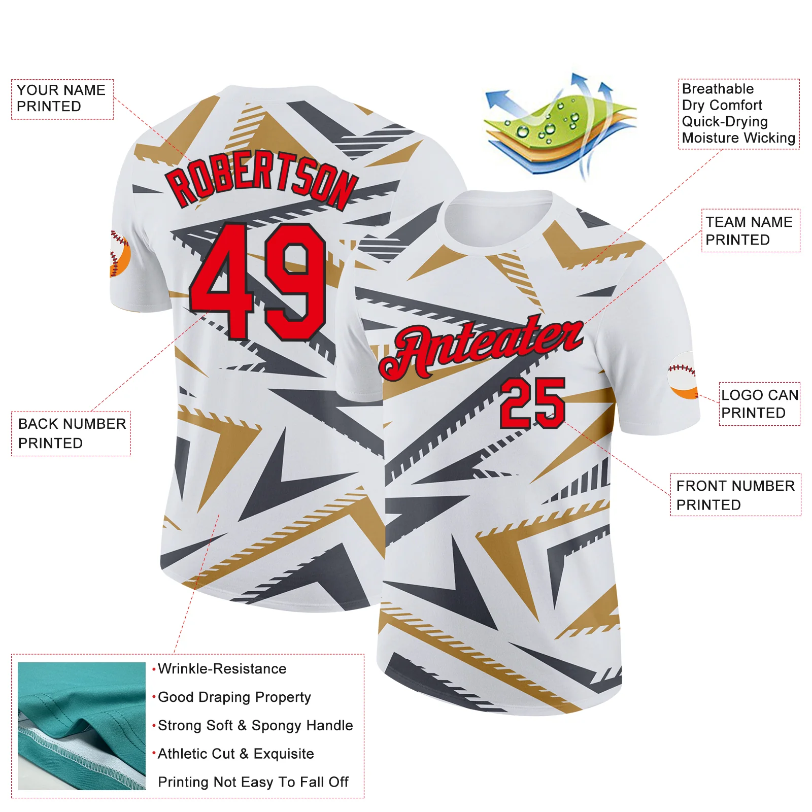 Custom White Fire Red Steel Gray Old Gold-Black 3D Esports Performance T-Shirt - Image 2