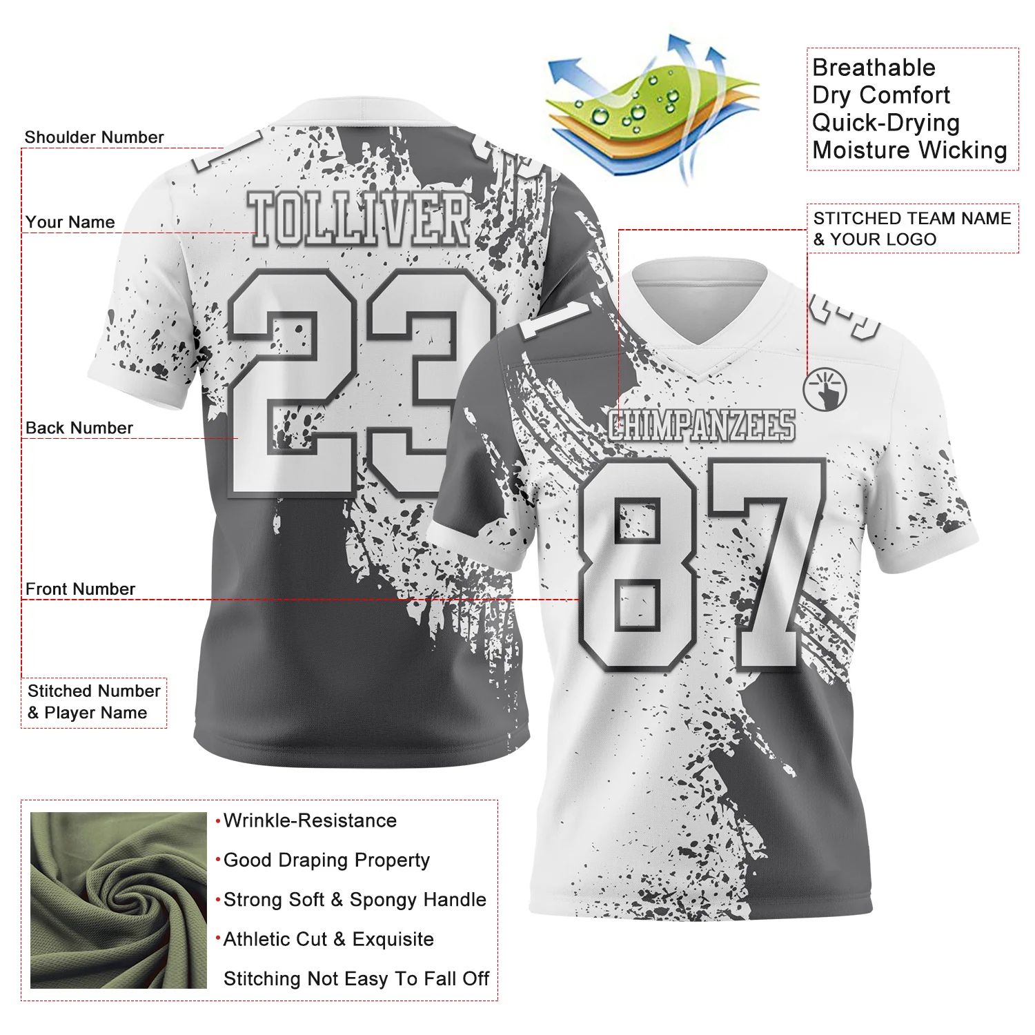 Custom White Steel Gray 3D Pattern Abstract Brush Stroke Authentic Football Jersey - Image 2