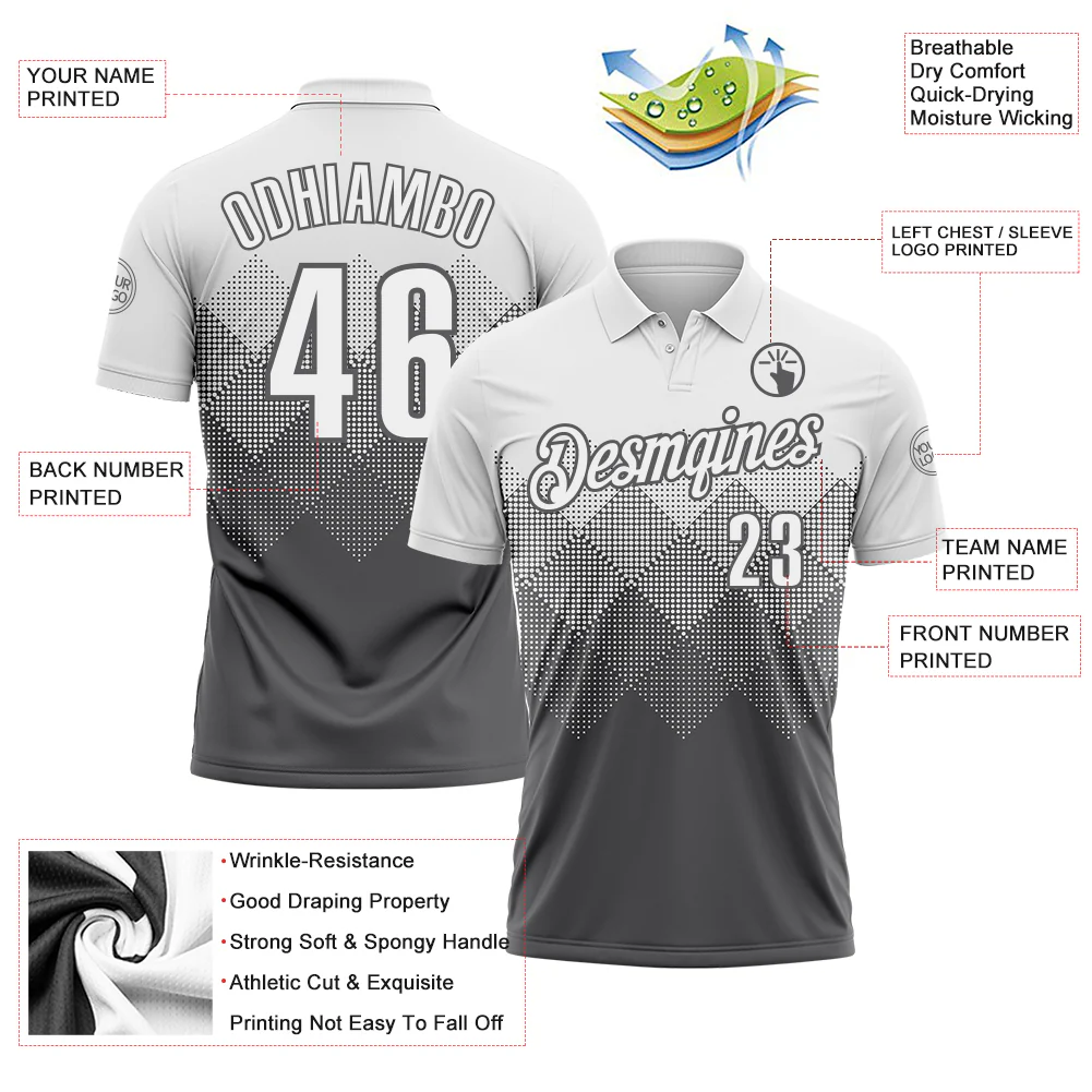 Custom White Steel Gray 3D Pattern Design Gradient Square Shape Performance Polo Shirt - Image 3