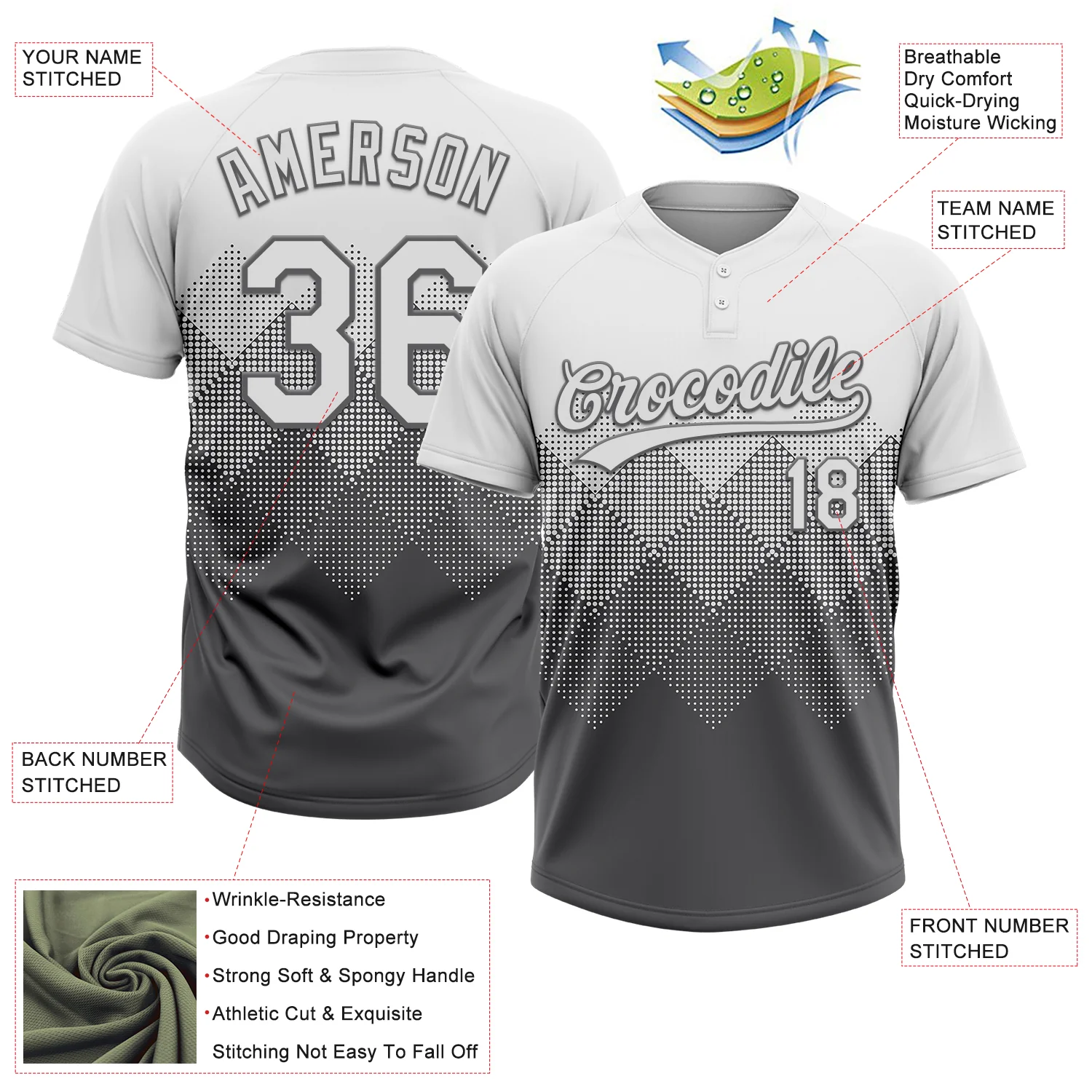 Custom White Steel Gray 3D Gradient Square Shape Two-Button Unisex Softball Jersey - Image 3