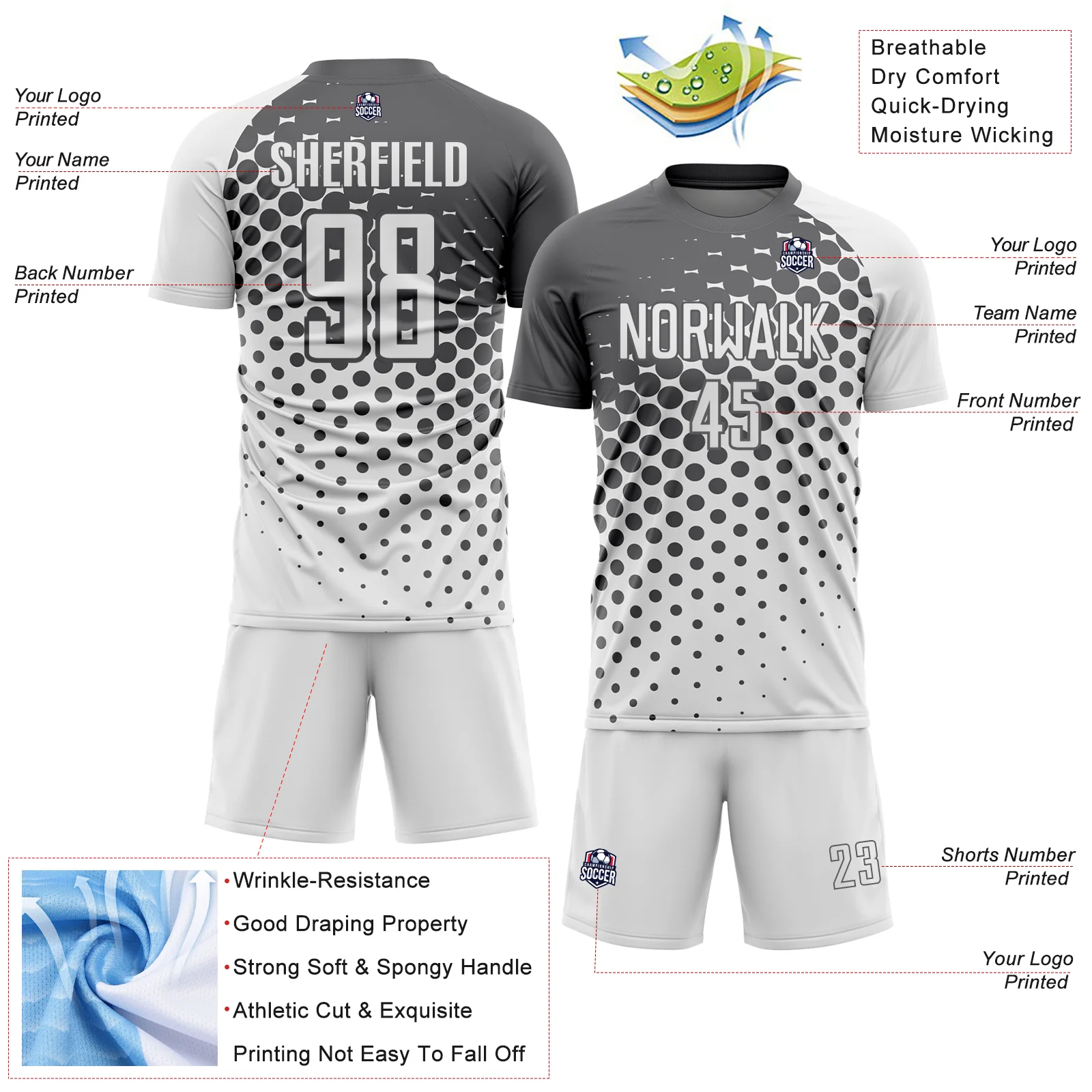 Custom White Steel Gray Modern Polka Dot Sublimation Soccer Uniform Jersey - Image 4