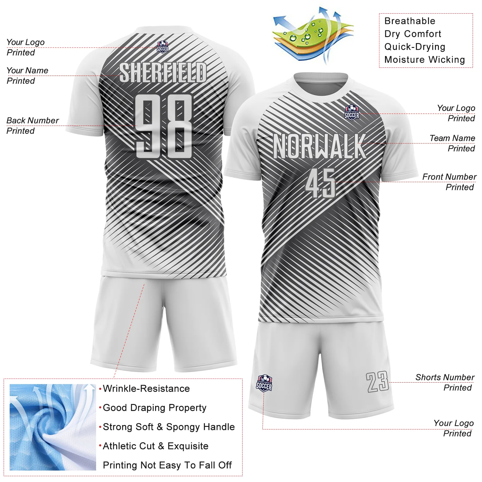 Custom White Steel Gray Line Sublimation Soccer Uniform Jersey - Image 4