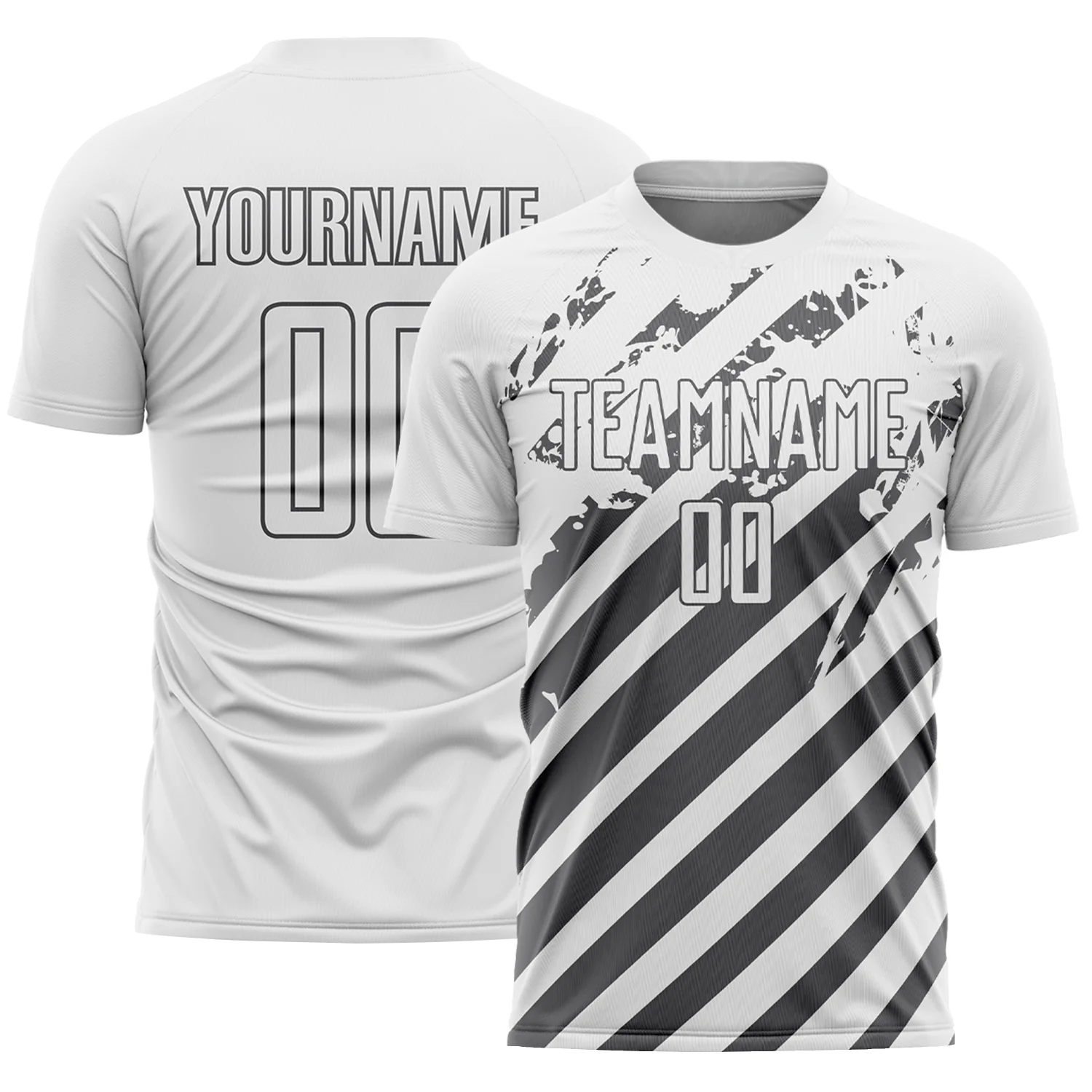 Custom White Steel Gray Distressed Diagonal Stripe Pattern Sports Sublimation Soccer Uniform Jersey
