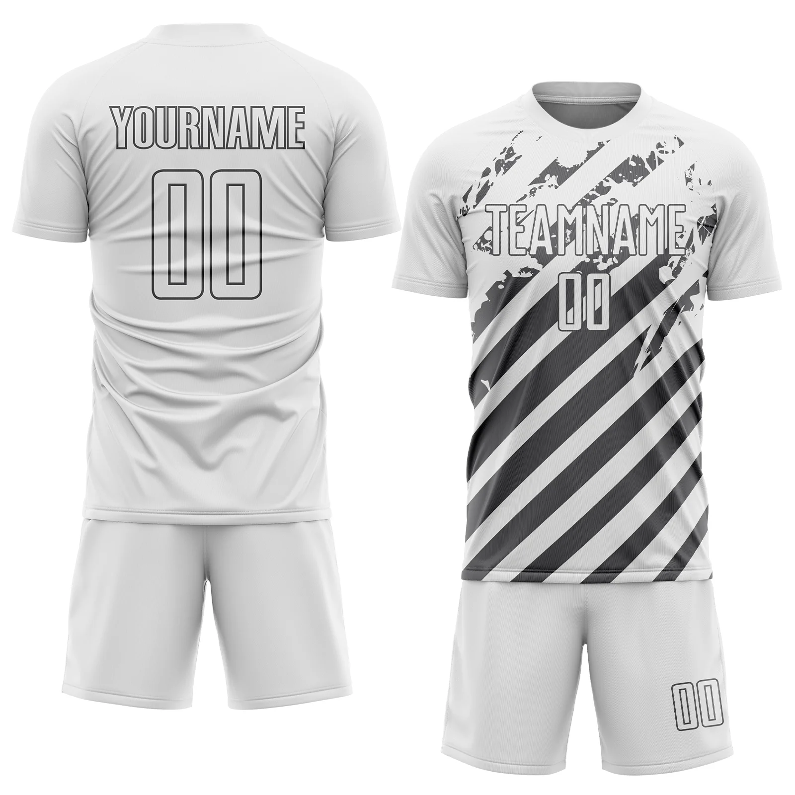Custom White Steel Gray Distressed Diagonal Stripe Pattern Sports Sublimation Soccer Uniform Jersey - Image 2