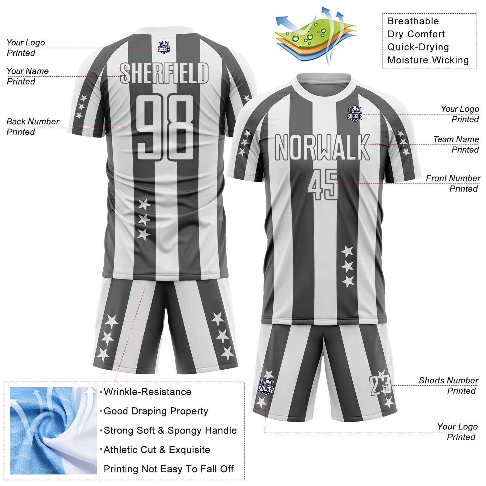 Custom White Steel Gray Stars And Stripes Sports Sublimation Soccer Uniform Jersey - Image 4