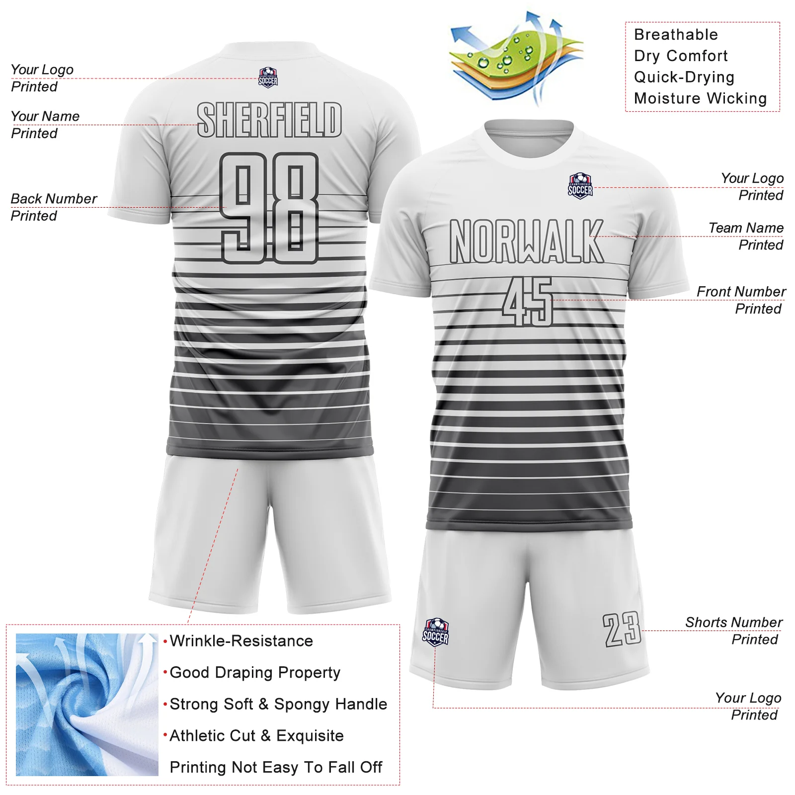 Custom White Steel Gray Gradient Pinstripe Sublimation Soccer Uniform Jersey - Image 4