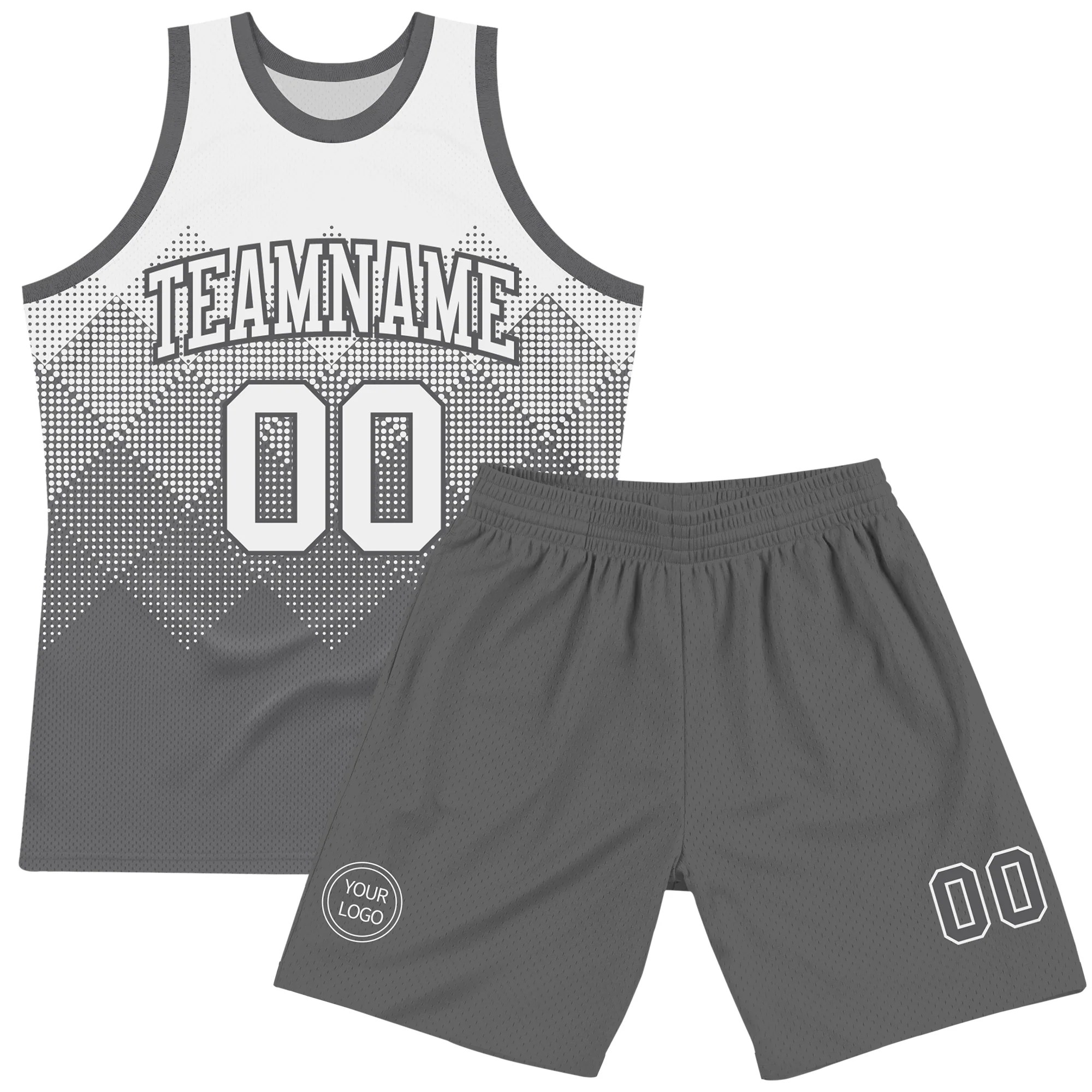 Custom White Steel Gray Gradient Square Shapes Round Neck Sublimation Basketball Suit Jersey - Image 2