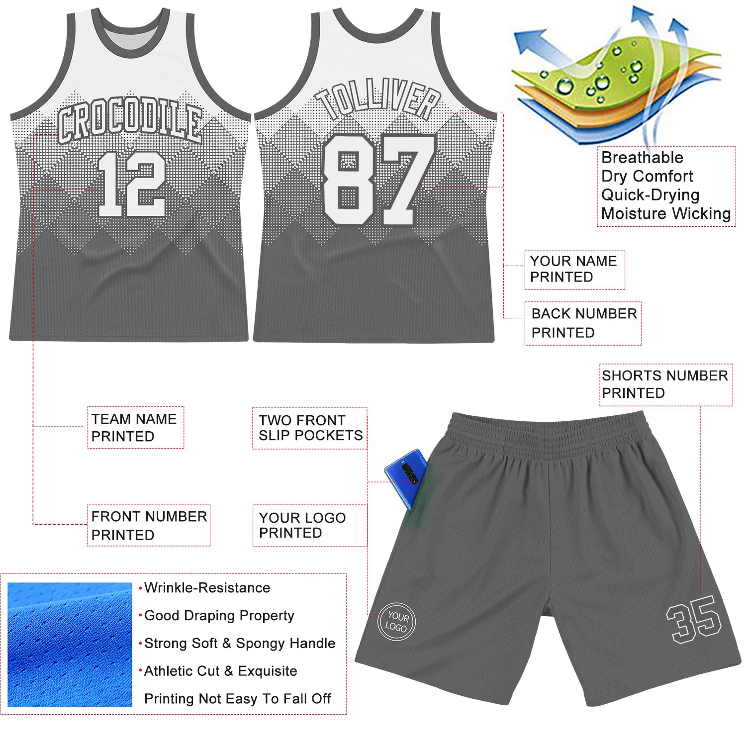 Custom White Steel Gray Gradient Square Shapes Round Neck Sublimation Basketball Suit Jersey - Image 3