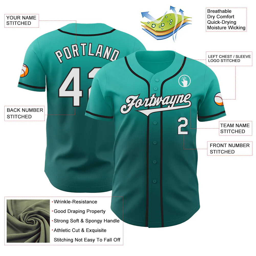 Custom Aqua White Teal-Black Authentic Fade Fashion Baseball Jersey - Image 3