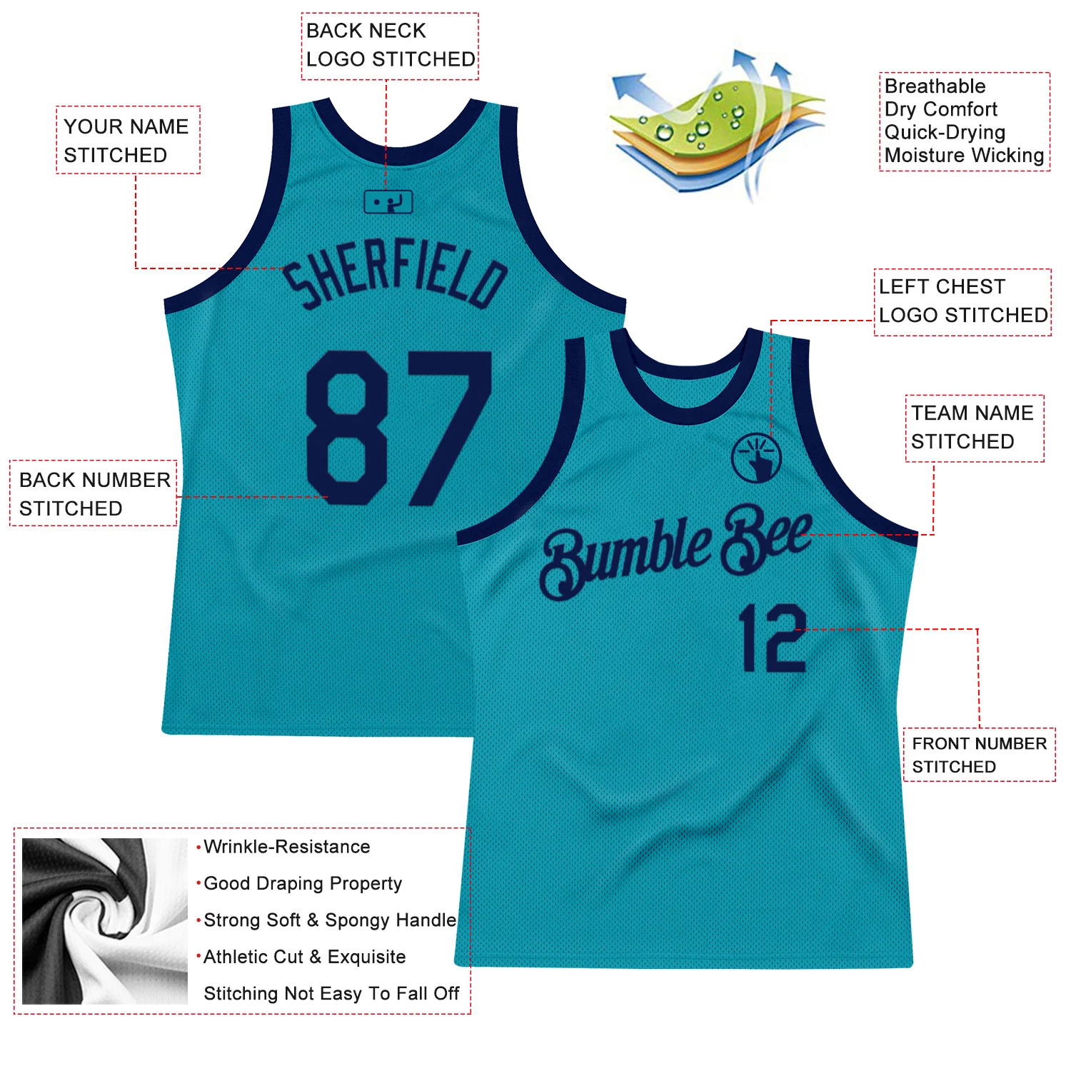 Custom Teal Navy Authentic Throwback Basketball Jersey - Image 2