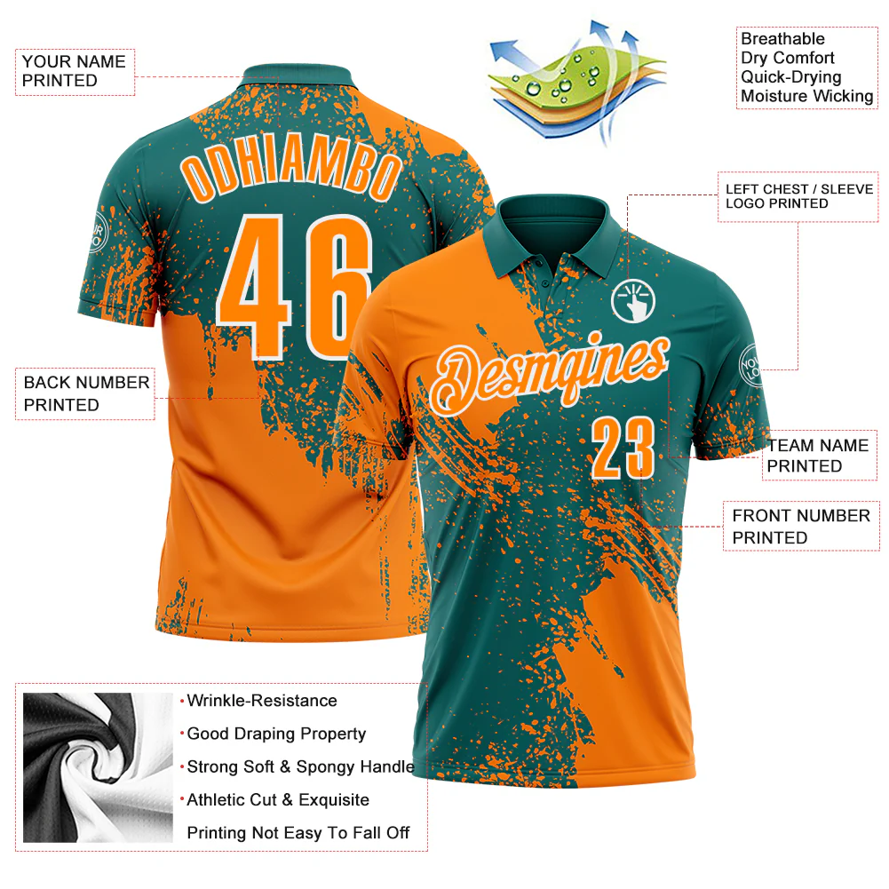 Custom Bay Orange Teal-White 3D Pattern Design Abstract Brush Stroke Performance Polo Shirt - Image 3