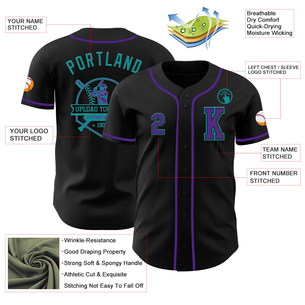 Custom Black Purple-Teal Authentic Baseball Jersey - Image 6